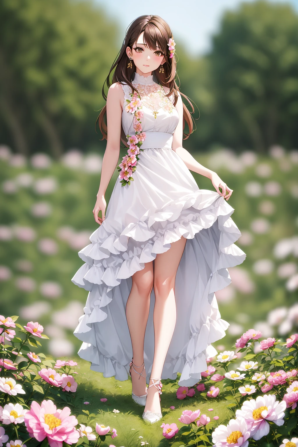md,<lora:mdh-000014:0.5>,1girl,(blurry background:1.4),brown eyes,brown hair,dress,earrings,field,flower,flower field,long hair,looking at viewer,outdoors,pink flower,realistic,solo,white dress,(full body:1.3),UHD,retina,masterpiece,ccurate,anatomically correct,textured skin,super detail,high details,high quality,award winning,best quality,highres,4K,