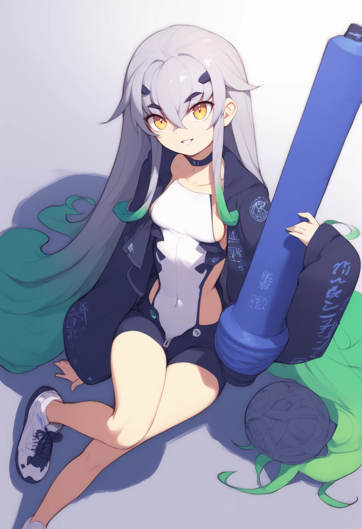 1girl, black footwear, breasts, collarbone, covered navel, crossed bangs, forked eyebrows, gradient hair, grey hair, hand up, holding, holding weapon, jacket, knee up, long hair, looking at viewer, multicolored footwear, multicolored hair, open clothes, open jacket, parted lips, shoes, sideboob, sidelocks, sitting, sleeves past wrists, small breasts, smile, sneakers, solo, thighs, very long hair, weapon, white footwear, yellow eyes, zipper <lora:metata_pony_v3:1> <lora:Melusine XL:1>, score_9, score_8_up, score_7_up, score_6_up, score_5_up, score_4_up, BREAK source_anime, masterpiece