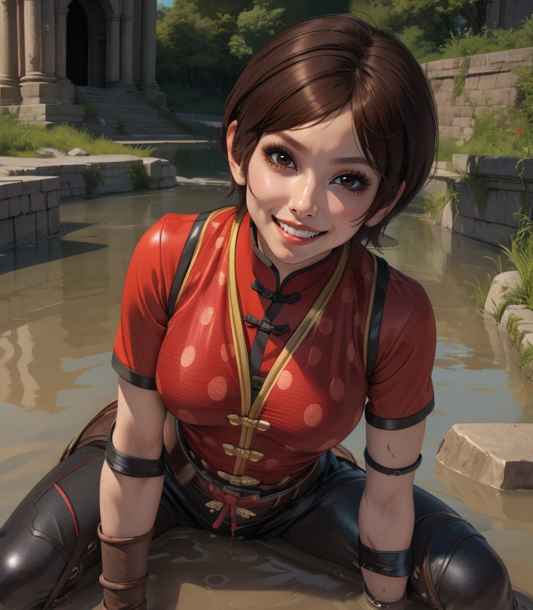 Eileen,brown hair,short hair,brown eyes,belt,
polka dot vest,red chinese clothes,elbow pads,short sleeves,black pants,fingerless gloves,
stone ruins,mud,smile,looking at viewer,
sitting,
(insanely detailed, masterpiece, best quality),<lora:Eileen:0.8>,