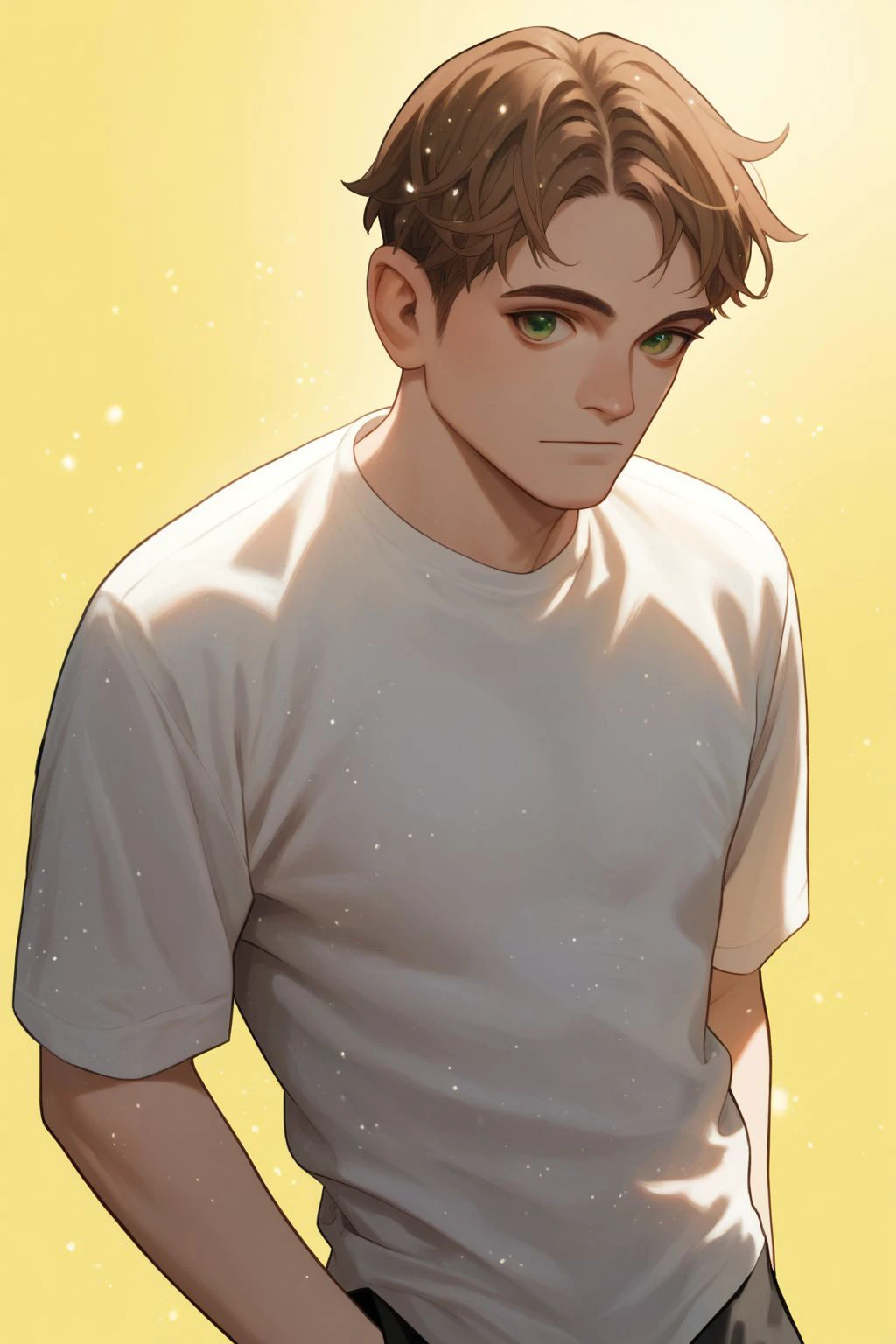 score_9, score_8_up, score_7_up, high resolution, 1boy, loving, brown hair, taper fade, green eyes, white long-sleeve shirt, glitter particles, yellow background <lora:Range_murata_PonyXL_style_v01.09:1>