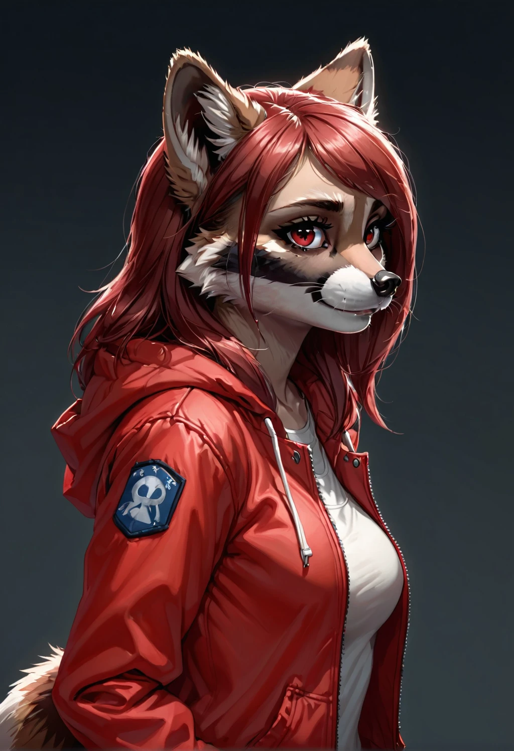 furry raccoon, 1girl, solo, raccoon ears, two-tone hair, (high quality), high res, detailed eyes, detailed shadows, red jacket, side view