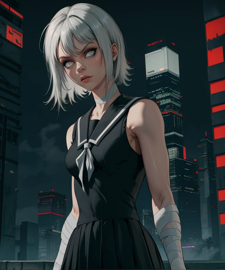 Neon,grey eyes,white hair,
black school uniform, arm bandages,sleeveless,
standing,upper body,
night,cyberpunk,looking at viewer,
(insanely detailed, masterpiece, best quality),
solo,<lora:Neon:0.8>,