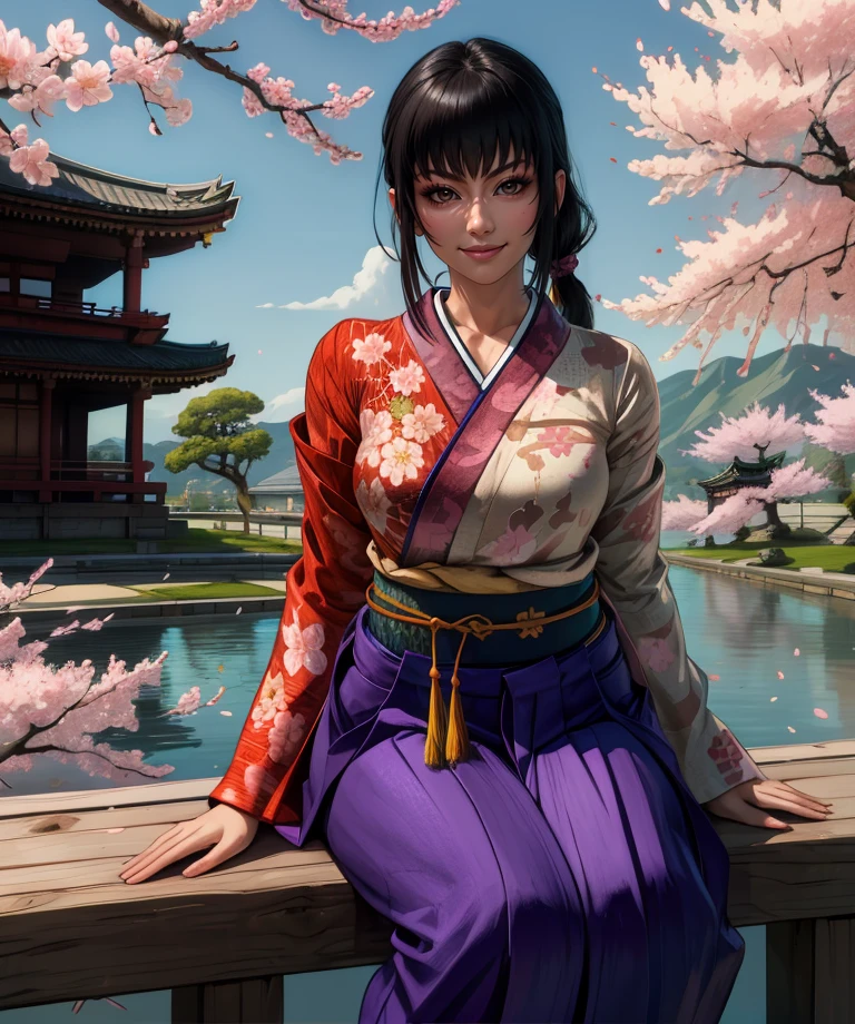 Aoi,black hair,bangs,low ponytail,brown eyes,
solo,smile, looking at viewer, 
red kimono with floral print,hakama, yellow rope belt, 
cherry blossoms,
sitting,
temple,
(insanely detailed,  masterpiece, best quality),<lora:Aoi:0.8>,