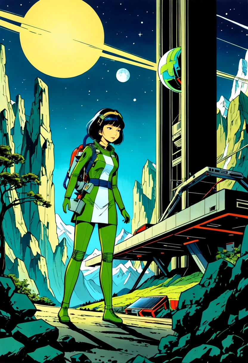 (best quality, masterpiece, absurdres, highres, ultra_detailed, dynamic angle:1.2), Yoko Tsuno <lora:yoko_tsuno-xl-v2-000014:0.7>, 1girl, full body visible, beige hairband, white and green bodysuit, green skirt, green boots, spacesuit, spacecraft, alien planet, mountains, futuristic buildings, strange plants and trees, 1990s \(style\), traditional media, retro artstyle, graphic novels illustration, cross hatching, futuristic, sci-fi, (intricate details, hyperdetailed:1.15), (ultrahigh resolution textures), (volumetric, cinematic) lighting
