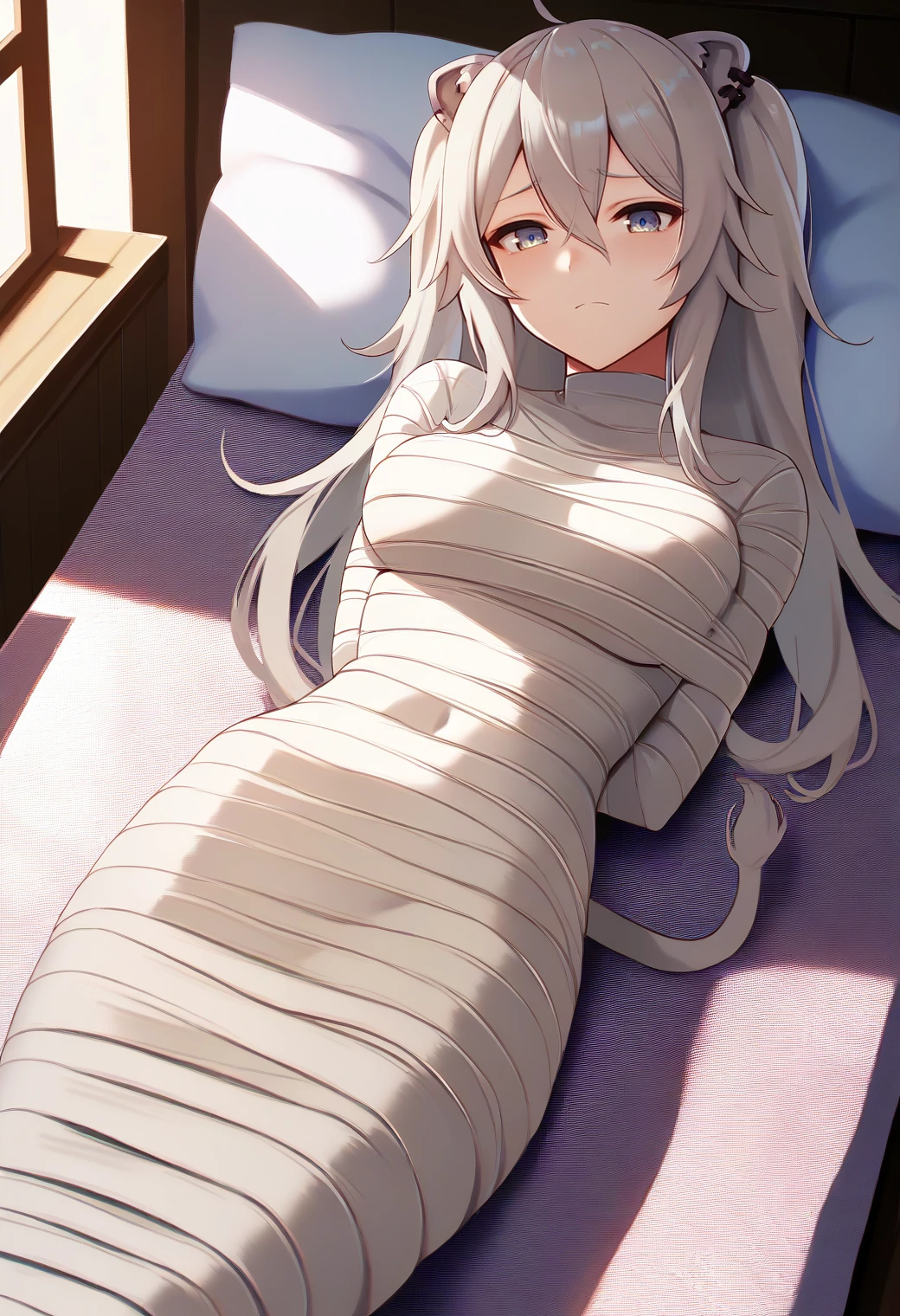 score_9, score_8_up, score_7_up, score_6_up, score_5_up, score_4_up,
shishiro botan, hololive, 1girl, long hair, two side up, ear piercing, lion tail,
solo, indoors, on bed, lying, pillow, straight-on, cowboy shot, on back,
arms behind back, mummification \(bound\), bandages, restrained,
<lora:mummyxlpony:1> <lora:ShishiroBotanPDXL:0.8>