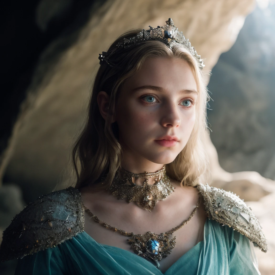 cinematic analog movie still of 18 years old girl as a princess knight in a fantasy cave, sharp focus, textured skin, imperfect skin, skin pores, ambient lighting, highres, 4k uhd, low contrast pastel lighting, professional color grading, intricate, highly detailed, by Wes Anderson