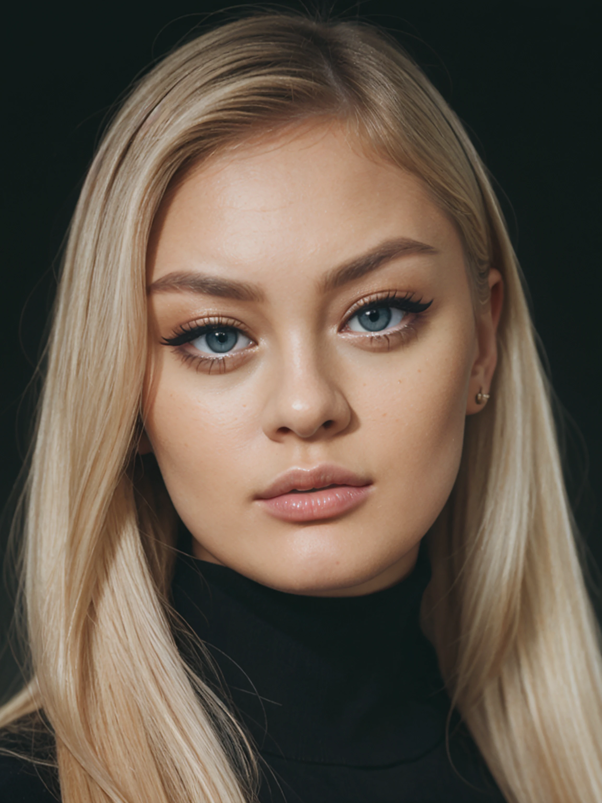 epic35mm, photo of beautiful (block_ambmoo-135:0.99), a beautiful woman, long perfect blonde hair, (closeup headshot), (wearing a black turtleneck jumper:1.2), (simple background), 70mm, (analog, cinematic, film grain:1.3), ((detailed eyes)), (color picture:1.1), Fujifilm XT3, <lora:epiC35mm:1>