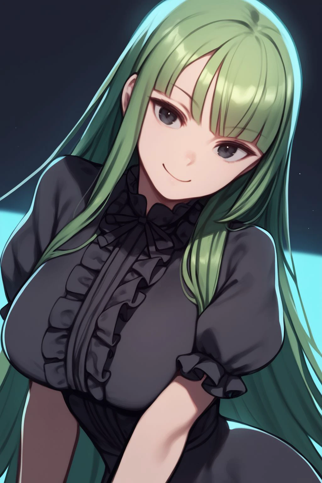 score_7_up, high resolution, 1girl, looking at viewer, \m/, smile, dark green hair, very long hair, straight-across bangs, black eyes, large breasts, black frilled shirt <lora:kuroboshi_kouhaku_PonyXL_style_v01.09:1>