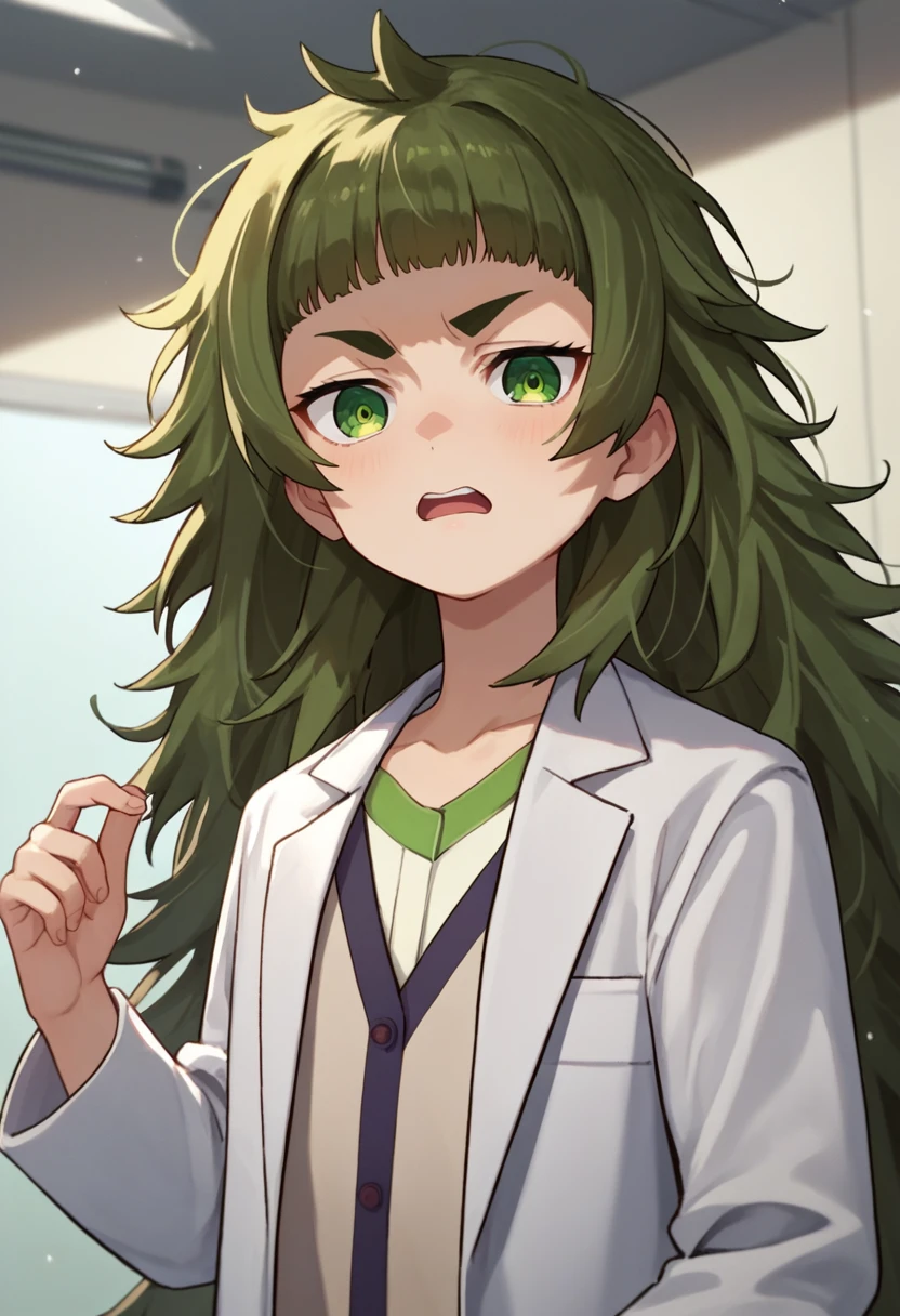 score_9, score_8_up, score_7_up, source_anime, 1girl, hiyajou maho, messy hair, green eyes, white shirt, grey cardigan, lab coat, <lora:Maho-000008:1>