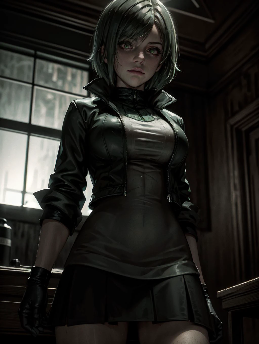 <lora:Character_EileenGalvinV2:1>, masterpiece, best quality, 1girl, bangs, black gloves, black jacket, closed mouth, gloves, green eyes, light green hair, holding lantern, jacket, looking down at viewer, solo, capelet, black skirt, absurdes, highres, heavy raining, foggy, inside forest, ((night time)), detailed, ultra fine line art intricate, wet clothes
