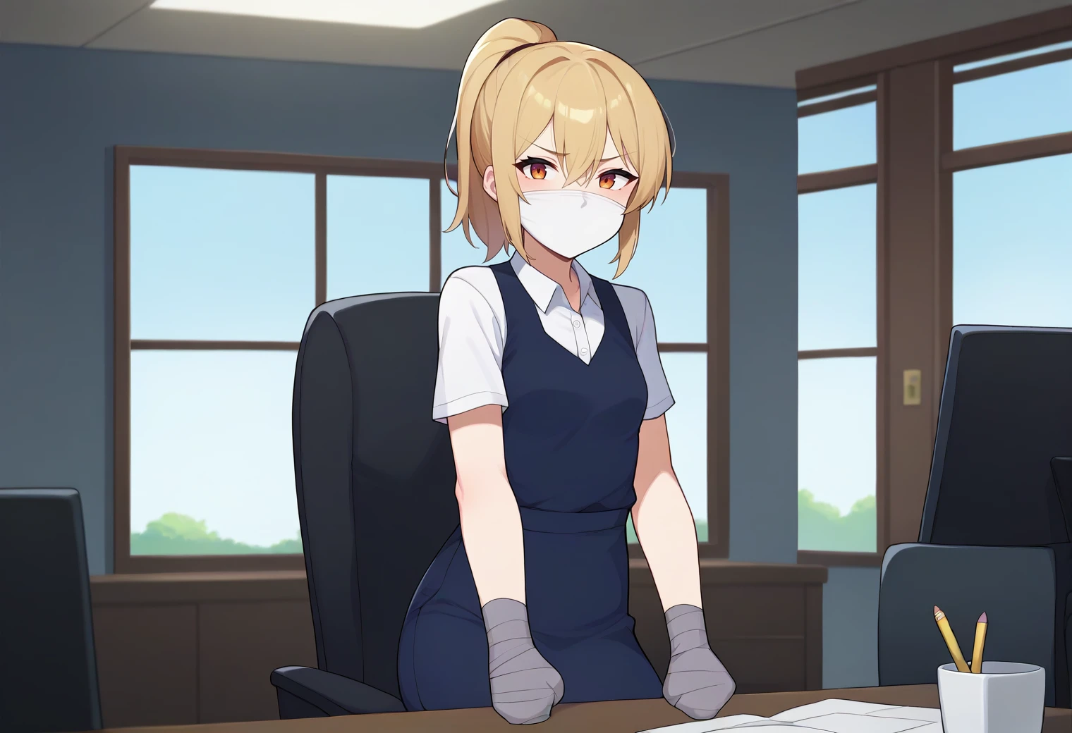score_9,score_8_up,score_7_up,score_6_up,score_5_up,score_4_up, BREAK
1girl, office lady, collared shirt, pencil skirt, small breasts, ponytail, hair between eyes,
indoors, office, chair, table, sitting, window, solo, cowboy shot, clenched hands, (arms at sides):1.3,
tapedhand, taped hands, taped fingers, over the nose gag, gagged, looking at viewer,
<lora:tapedhandsponyxl-07:1> <lora:otngagponyxl:1>