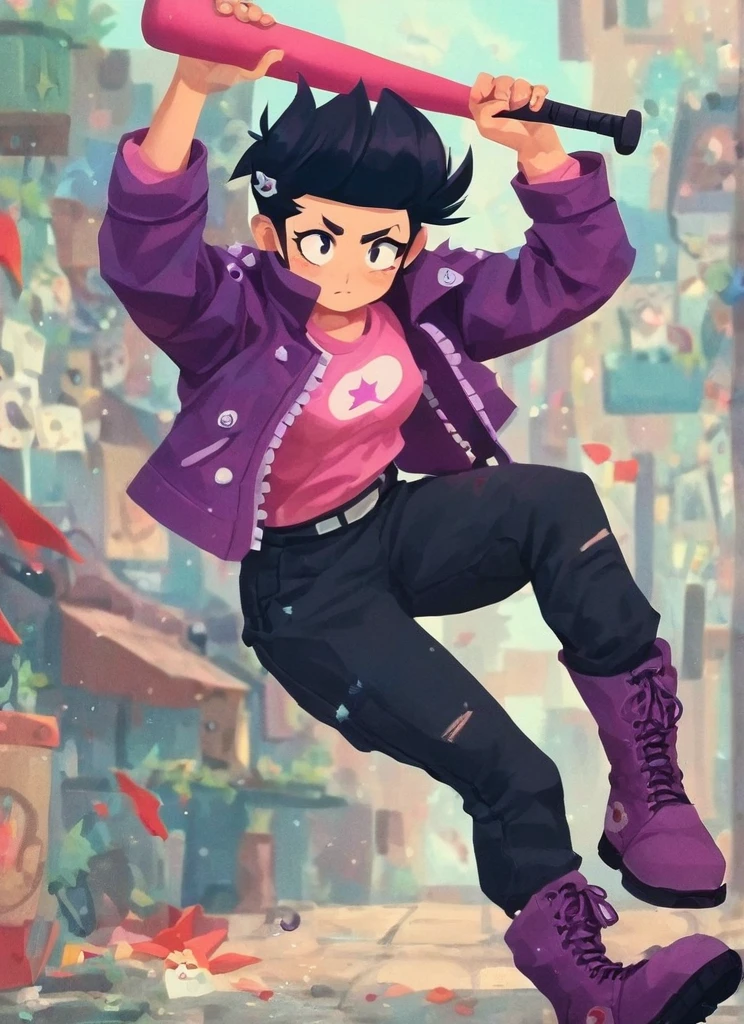 score_9 ,score_8_up , score_7_up, score_6_up, score_5_up, score_4_up <lora:bsbibixl-000004:1>bsbibi , 1 girl , black hair , , short hair , sideburns ,cute , pompadour up , anime eyes , purple jacket, pink shirt, , Black Pants , boots , Holding a baseball bat ,