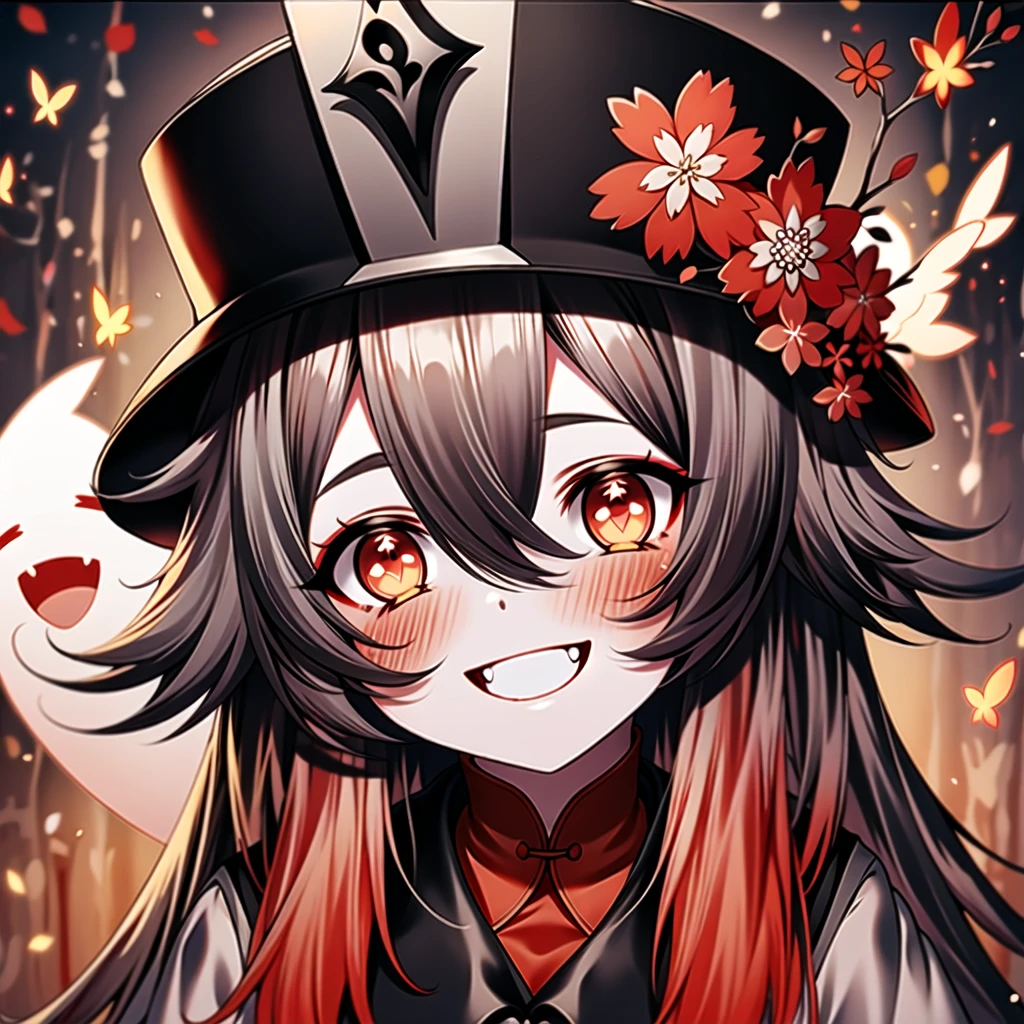 (masterpiece:1.5),(((top quality, best quality, high quality))),((intricately detailed, ultra-detailed, insanely detailed)),highres,32K,extremely detailed unity CG 8K wallpaper,(beautiful and aesthetic:1.2),(depth of field:1.3),(immaculate:1.3),(delicate detailed depiction:1.4),(photorealistic:1.4),(surrealism:1.3),letterboxed,1girl,smile,hu_tao_\(genshin_impact\),solo,red_eyes,flower,grin,blush,hat,looking_at_viewer,butterfly,long_hair,<lora:hutao:1>,