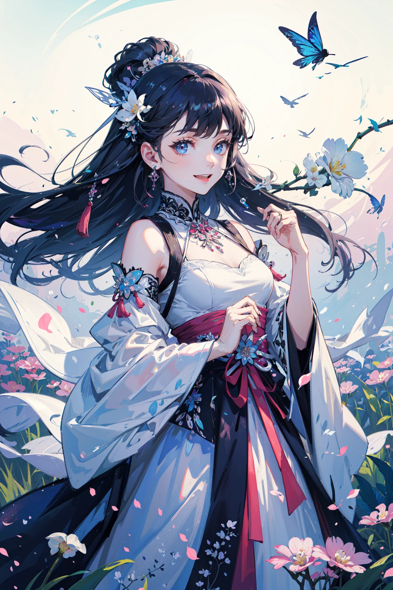 ((best quality, masterpiece, absurbres, super-resolution)), (kawaii, pop, cute:1.1), 1girl, solo,white orchid behind,field of flowers ,puxian opera,blooming flowers, dan role,complex flower background, jewelry, hair_ornament, tassel, smile,(high saturation),(colorful splashes),highly intricate details