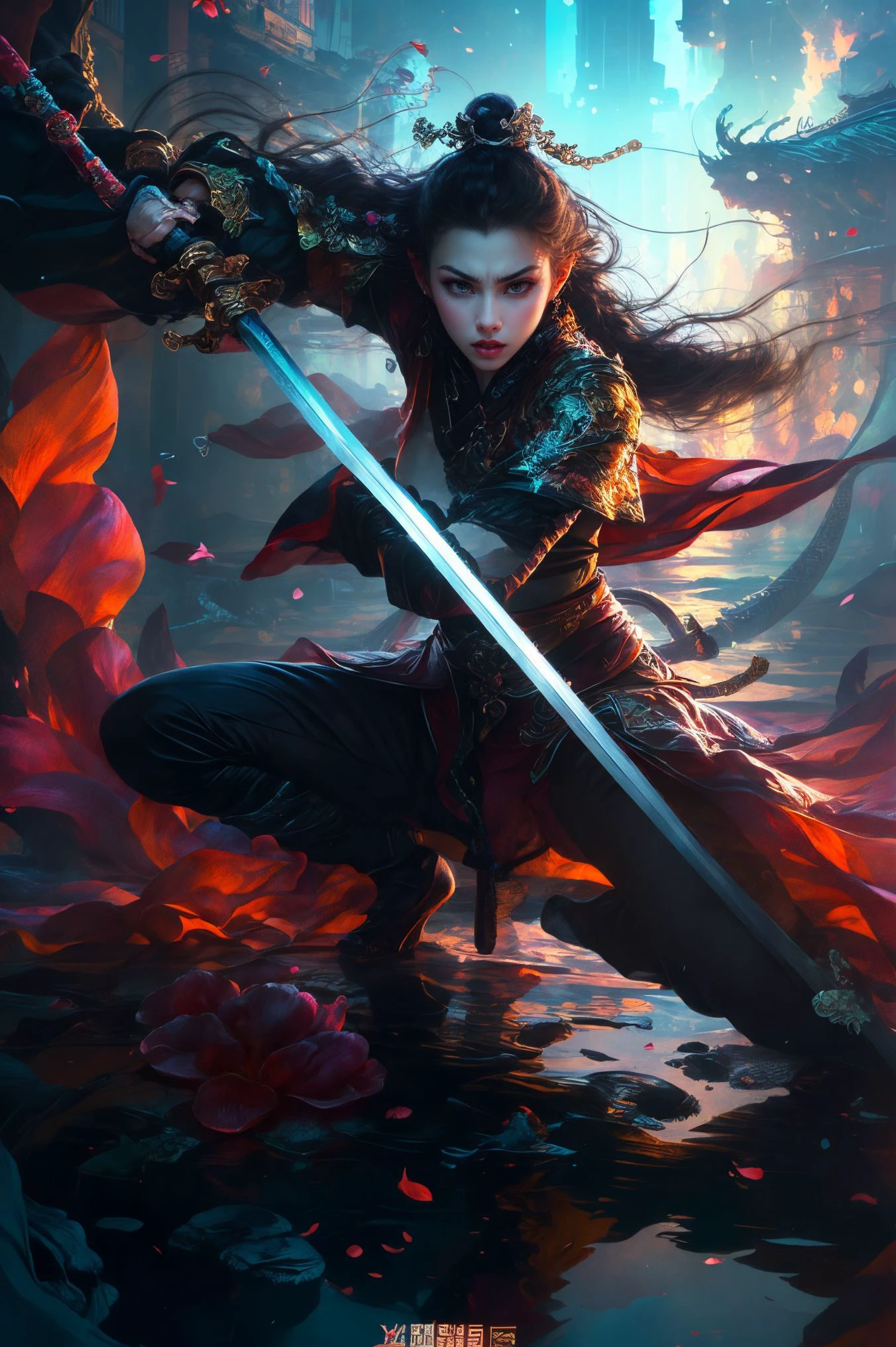 ultra high resolution,((masterpiece))),(((best quality))),((super detailed)),((extremely delicate and beautiful)),(wide shot, wide-angle lens,Panoramic:1.2),super vista,super wide Angle,Low Angle shooting,super wide lens,
xuer ai yazawa style girl,1girl,solo,holding weapon,katana,floral print,looking at viewer,fighting stance,eastern dragon,braid,floral print,Ink,ink splatter,
(disgust:1.3),(full body:1.4),A shot with tension,(sky glows amber,Visual impact,giving the poster a dynamic and visually striking appearance:1.2),Chinese Zen style,impactful picture,
<lora:~Q?-kfX\YsV2 xuer ai yazawa style girl:0.8>,