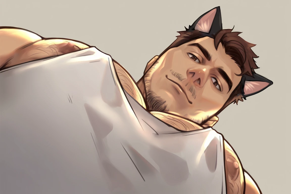 score_9, score_8_up, score_7_up, mns-pose, 1boy, solo, male focus, mature male, short hair, brown hair, brown eyes, facial hair, stubble, animal ears, cat ears, cat boy, looking at viewer, looking down, from below, upper body, close-up, nipples, nipple slip, large pectorals, pectoral focus, sidepec, tank top, white tank top, muscular, muscular male, bara,simple background <lora:yur oc like this (meme) Concept LoRA_Pony XL v6:1>