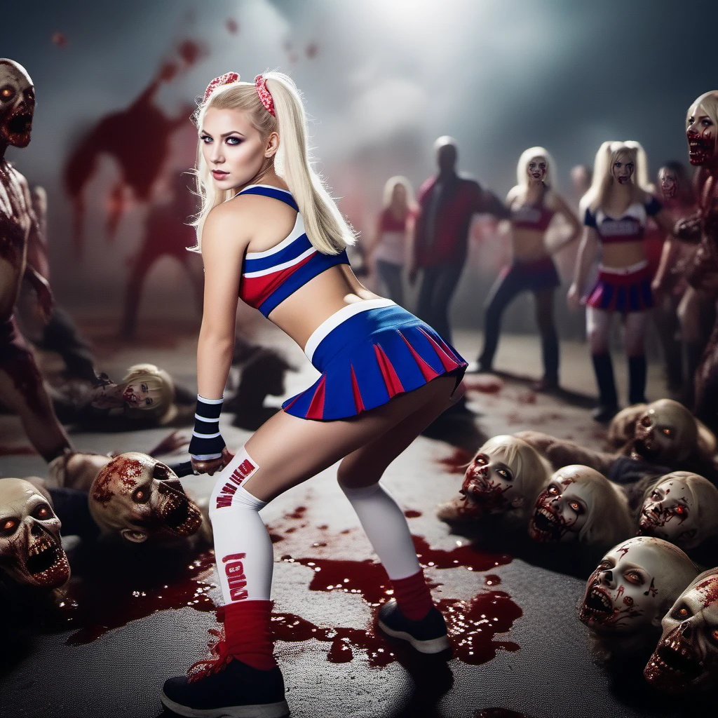 cinematic photo cinematic photo a full body blonde cheerleader with two curled-point ponytails twerks  surrounded by zombies, college, chainsaw,  blood splashes <lora:JuiletStarling1024:0.8> . 35mm photograph, film, bokeh, professional, 4k, highly detailed . 35mm photograph, film, bokeh, professional, 4k, highly detailed