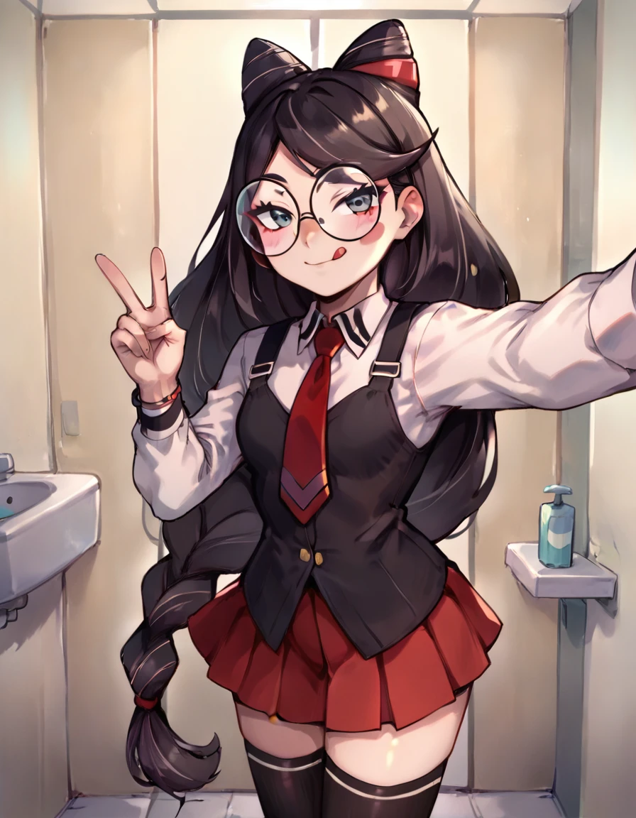 score_9, score_8_up, score_7_up,  anime_source, a girl taking a selfie, v, tongue out, closed mouth, bathroom, blush stickers, 
 cereza, cone hair bun, single braid, round eyewear, jewelry, very long hair, 
<lora:cereza_xl_v2_w1:1> <lora:bible_black_uniform_xl_v3:0.6> school uniform, white shirt, black vest, black thighhighs, red skirt, red necktie