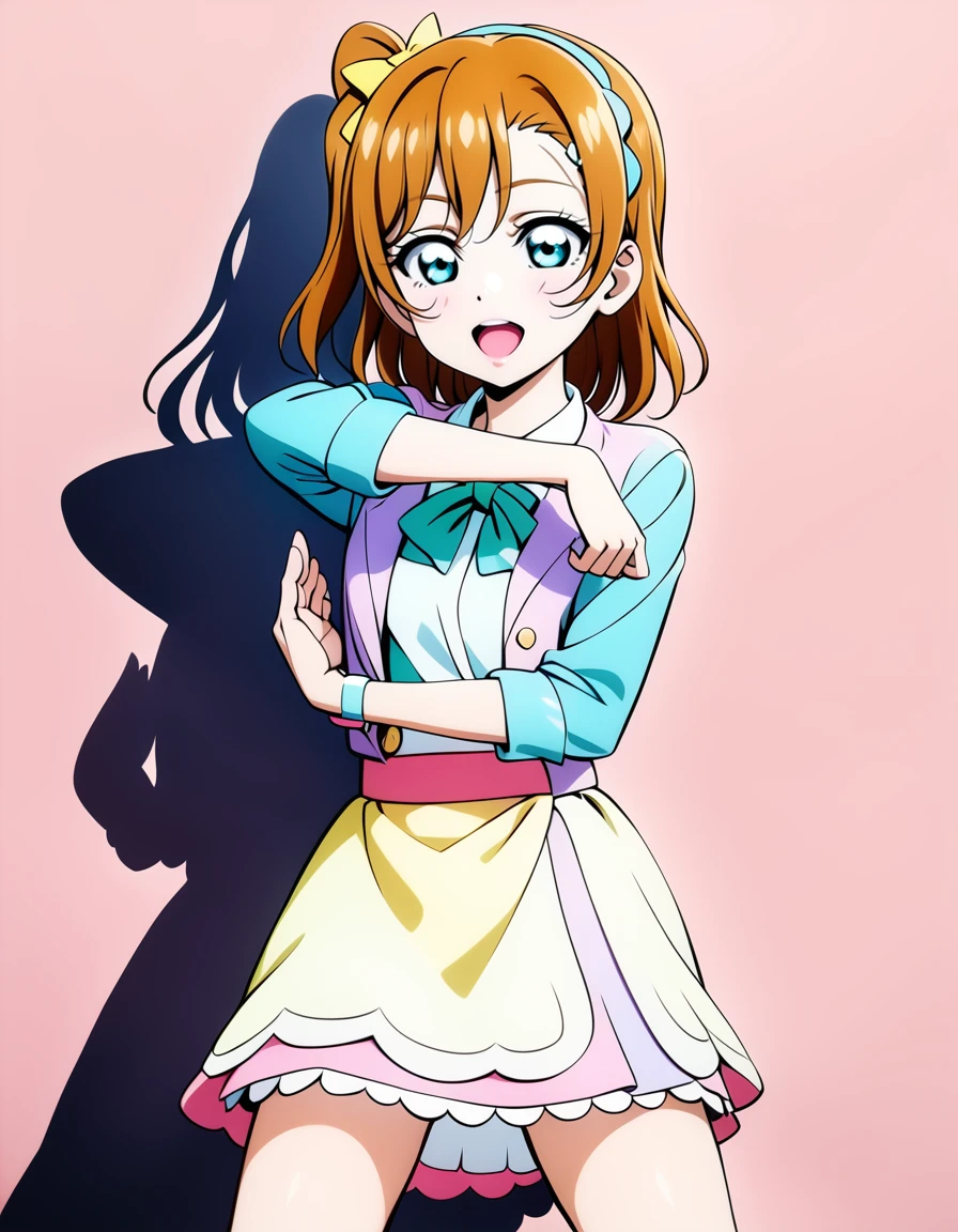 1girl,solo,
kousaka honoka, love live!,
casual wear,skirt,
doyagao,
<lora:curespicyposeXL2:1>,curespicypose,
(legs apart:0.6), pose,
looking at viewer,
(simple background:1.2),orange background,
cowboy shot,
masterpiece, best quality, ultra detailed, highres,4k,(ultra-detailed:1.4) (illustration:0.5), (ray tracing,:0.8),(anime colored:0.7),(ai-generated:0.8),