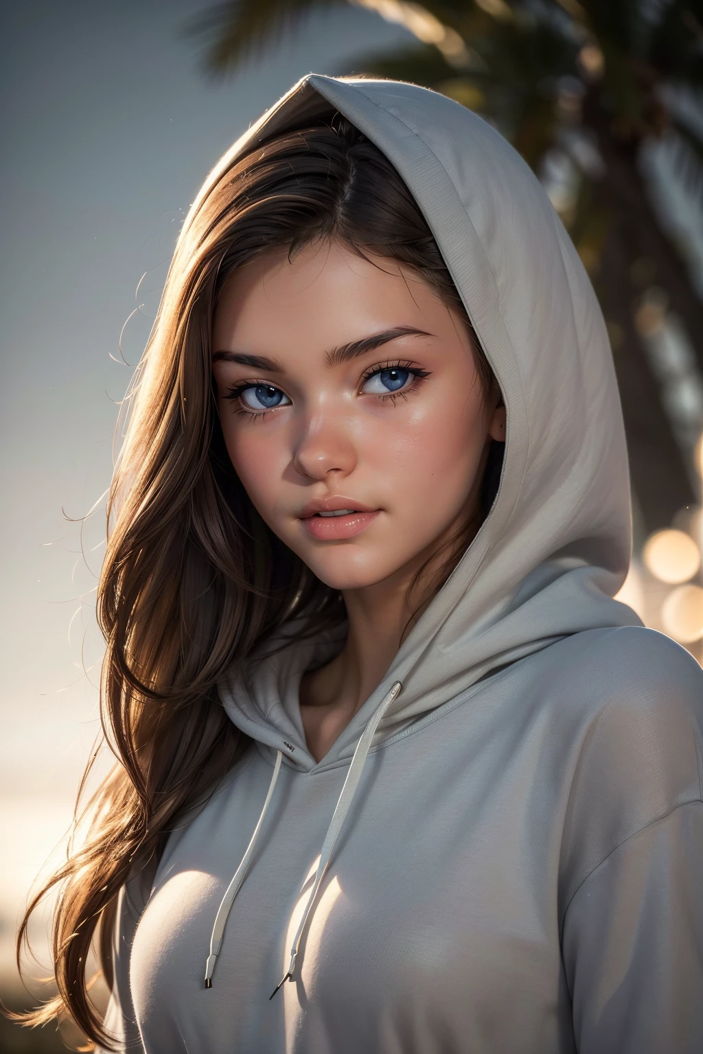 (masterpiece, best quality, highres:1.2), (photorealistic:1.2), (film grain:1.3), (morbid light:1.2), (dynamic angle), raw photo, upper body portrait of the 20 yo LauraO, beautiful smile, wearing hoodie and sweatpants, moonlight passing through hair, (random beautiful background:1.3), (sharp), exposure blend, bokeh, dim light, (hdr:1.4), high contrast, (muted colors, dim colors, soothing tones:1.3), low saturation, morbid,