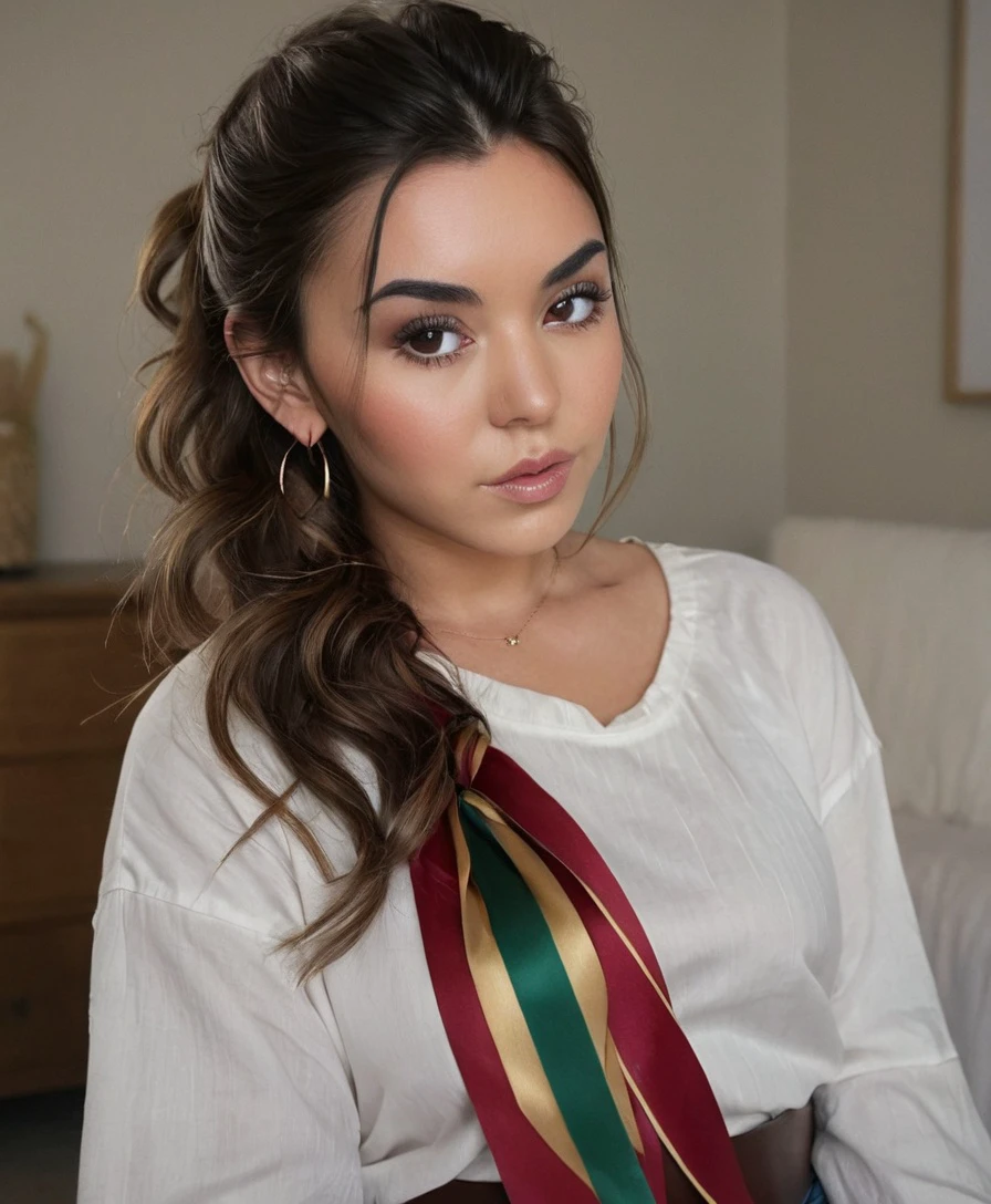 Steph, portrait, eye makeup, wearing shirt, ribbons in hair, long hair