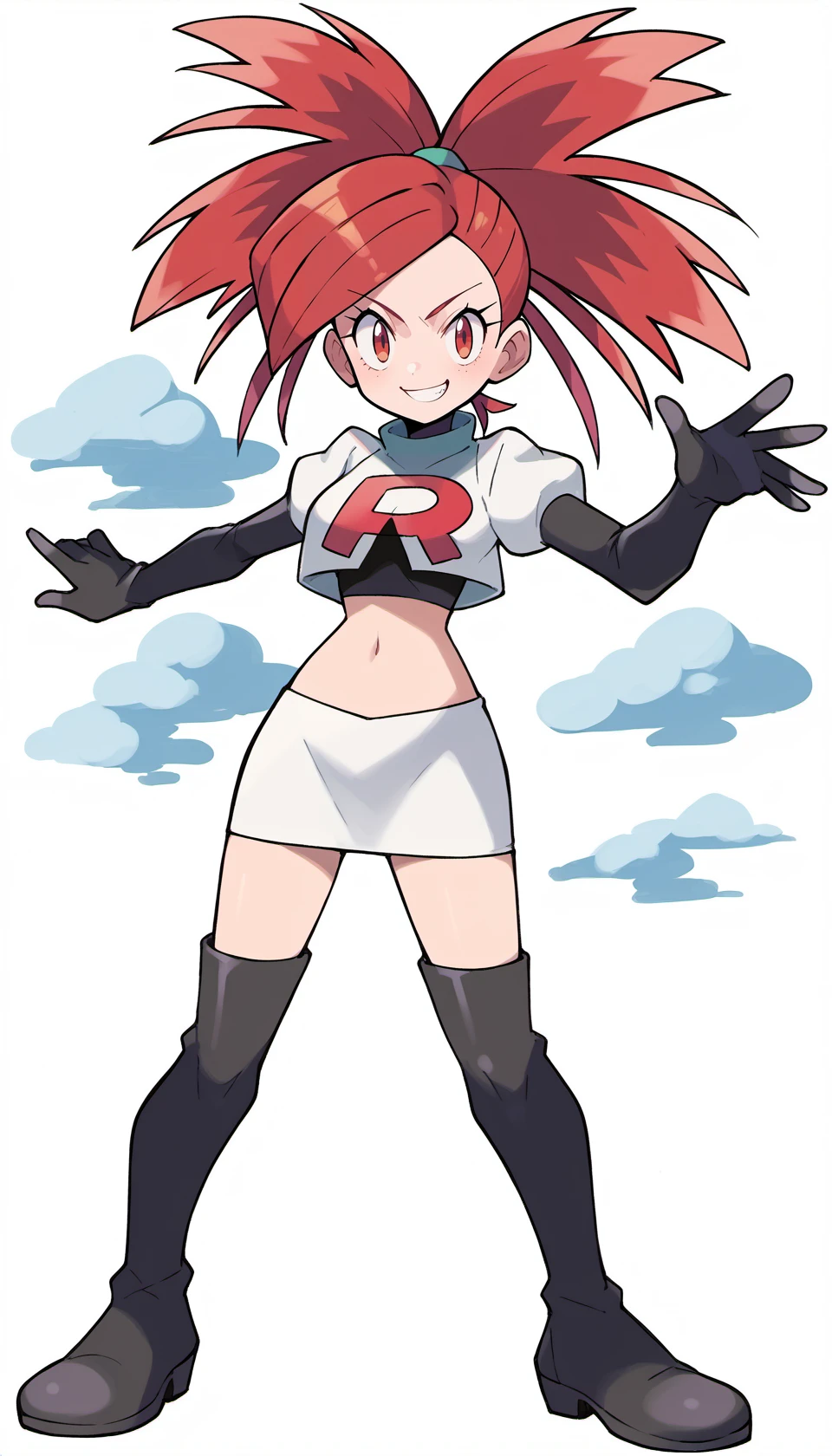 score_9, score_8_up, score_7_up, score_6_up, rating_questionable, source_anime, <lora:Pokemon_Gen_4_5_and_6_style_for_Pony_Diffusion:1>
BREAK
flannery, red hair, ponytail, red eyes, [long eyelashes], (smug smile), 1girl, solo, full body, breasts, reaching towards viewer, 
<lora:TeamRocketUniform-pony:1> team rocket uniform, white jacket, white skirt, black thigh boots, black elbow gloves, midriff, red "R"
BREAK
sky, clouds