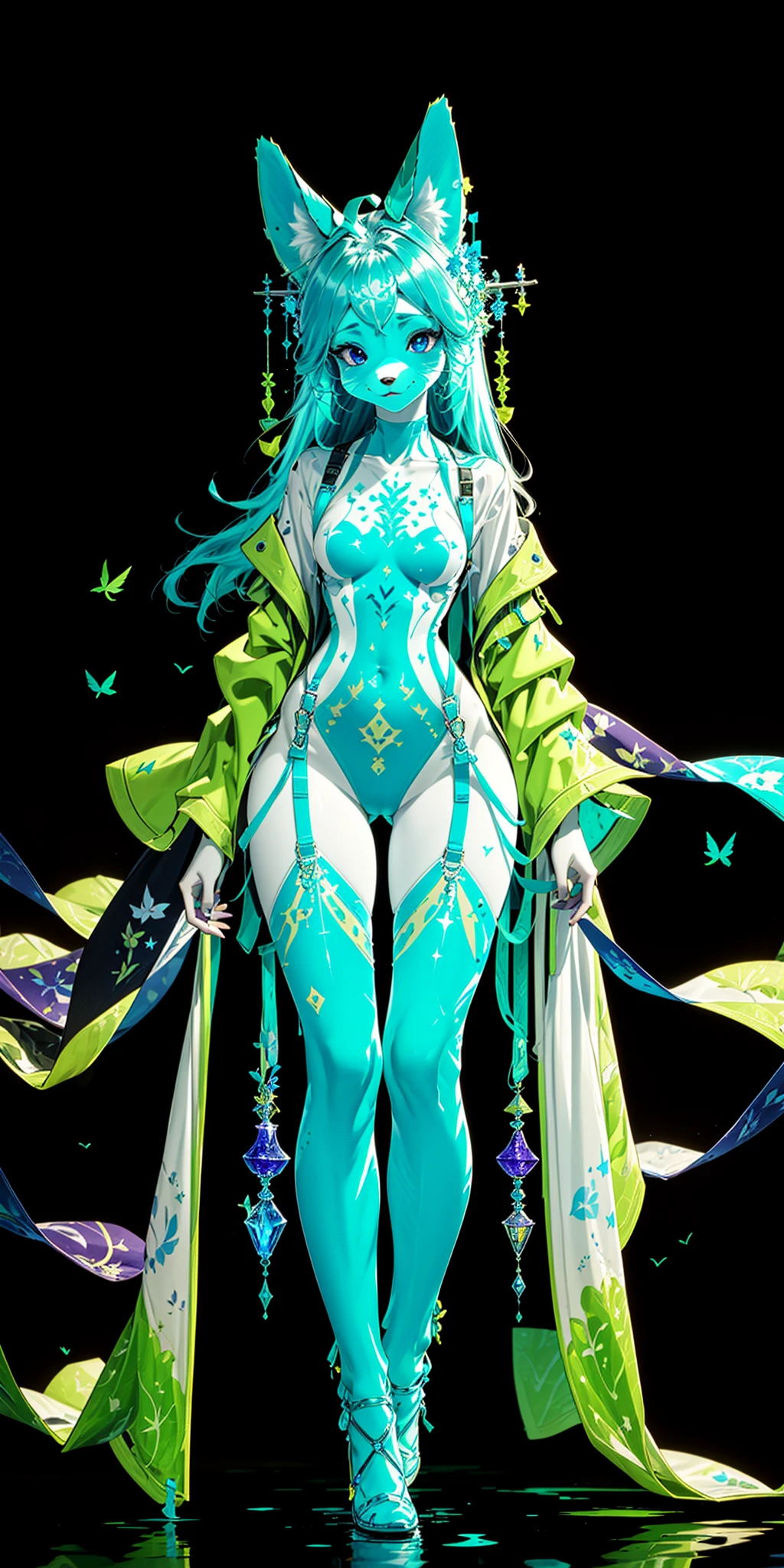 animal ears,furry:1.3, extremely delicate iridiscent a woman of Translucent glowing glass, translucent, tiny golden accents, beautifully and intricately detailed, ethereal glow, whimsical, art by Mschiffer, best quality, glass art, magical holographic glow, half furry, FURRY,simple background,in the dark