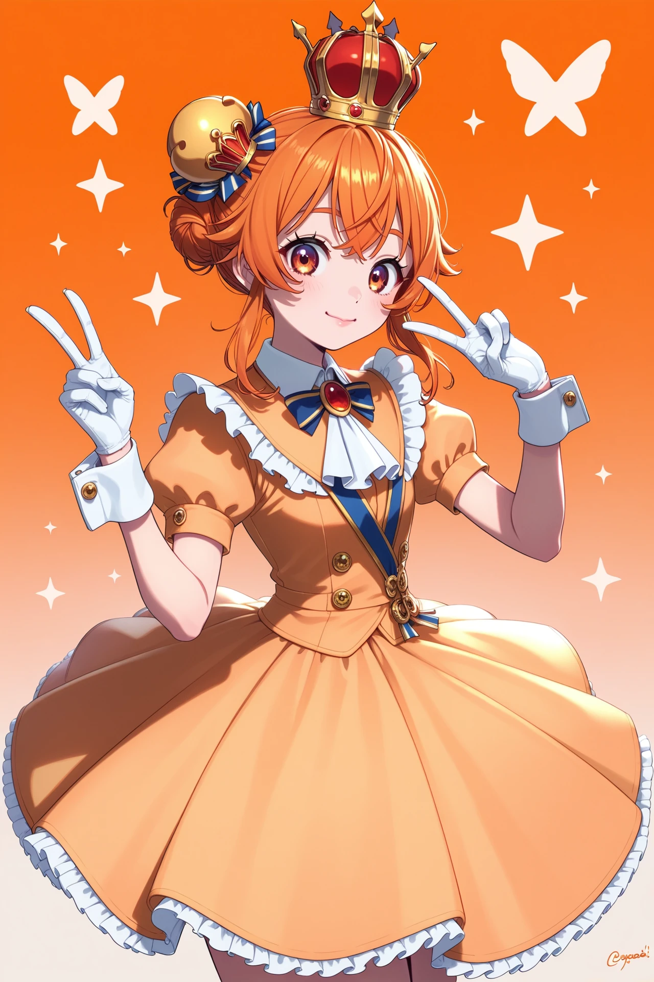 
1girl, mini crown, hair bun, v, orange hair, wrist cuffs, crown, gloves, orange gradient background, <lora:rokwmn:1>