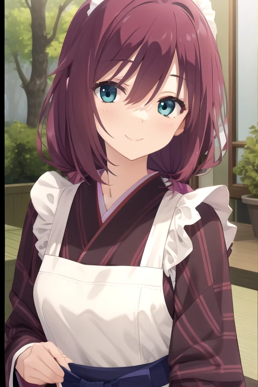 ((masterpiece)),(best quality),official art,extremely detailed CG,unity 8k wallpaper,ultra detailed,beautiful detailed eyes,extremely detailed face,forest,nature,1girl,solo,upper body,(portrait:1.5),looking at viewer,facing viewer,smile,(petite:1.2),Maniwa Roka,long hair,red hair,hair ribbon,hair bow,black bow,sidelocks,side swept bangs,hair between eyes,aqua eyes,white apron,maid apron,frilled apron,japanese clothes,red kimono,striped kimono,long sleeves,wide sleeves,large breasts,long skirt,hakama skirt,blue skirt,black pantyhose,brown footwear,boots,<lora:Maniwa Roka(sb):0.8>,