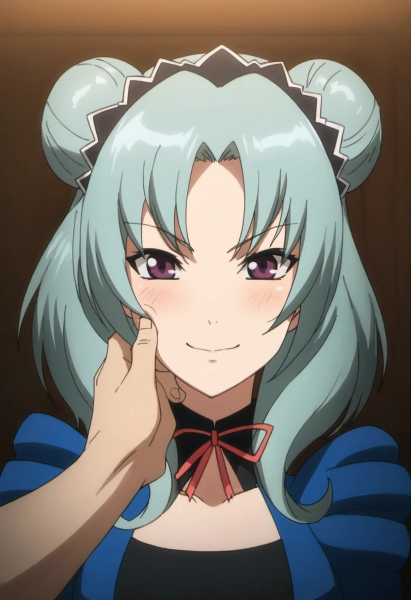 score_9, score_8_up, score_7_up,1girl,Mitico fleuretty, short hair, blue hair, hairband, collarbone, choker, pinching, looking_at_viewer, cheek_pinching, cone_hair_bun, smile, blush, pov, purple_eyes, bangs, simple_background, white_background, solo_focus, sweater, twintails, fingersmile, double_bun, twitter_username, closed_mouth, hands_on_another's_face, pov_hands, braid, watermark, long_hair, hair_between_eyes, rating_sensitive, <lora:Mitico_fleuretty:1>