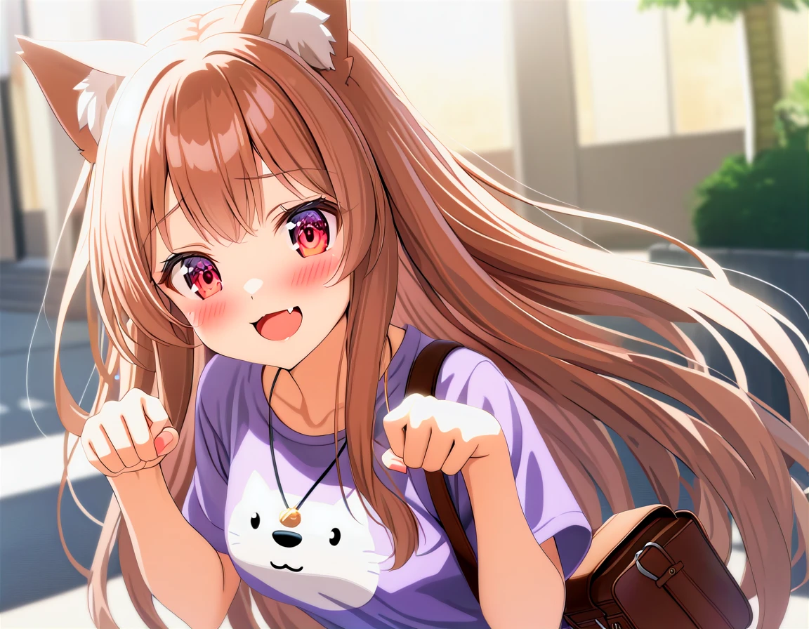 1girl,holo,:d,animal_ears,bag,blush,brown_hair,dog_ears,dog_girl,embarrassed,fang,fangs,jewelry,long_hair,necklace,nyan,open_mouth,paw_pose,purple_shirt,red_eyes,sad,satchel,shirt,skin_fang,smile,straight_hair,wolf_ears,wolf_girl,detailed eyes,detailed face,raytracing,highly detailed,anime style,absurdres,masterpiece,<lora:Anime_Enhancer_XL:1>,<lora:holo-spaceandwolfXLV1:0.7>,