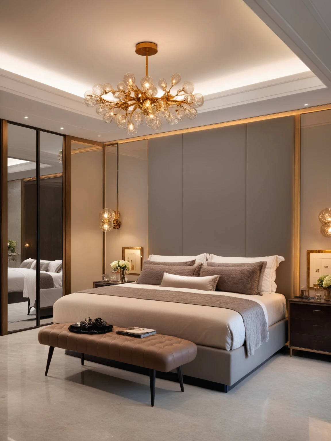 <lora:JJsModernStyle_XL:1>, ((Modern Style)) ((best quality)),((masterpiece)),((realistic)), soft lighting ,indoors,no humans,window, plant,scenery, bed, , reflection, bench, lamp, wall, chair, door, ceiling light,