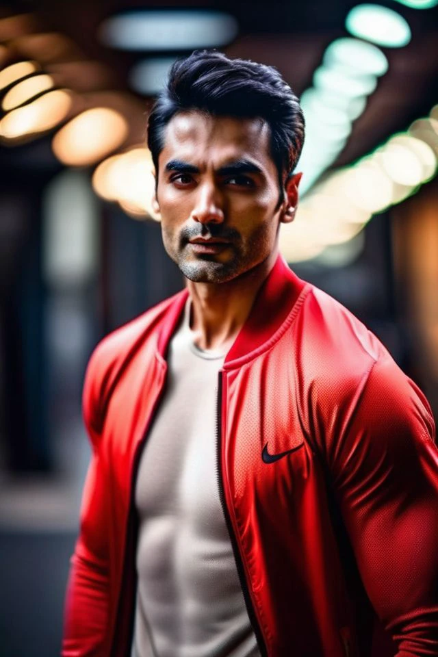 <lora:ishwak-singh_Sendhil-Ramamurthy:0.8> Sendhil Ramamurthy a man, realistic photo in a worn ((red tracksuit)), ((light bokeh)), intricate, (steel metal [rust]), elegant, sharp focus, photo by greg rutkowski, soft lighting, vibrant colors, (masterpiece), ((streets)), (detailed face), looking at viewer, light smile, night, walking towards viewer, cinematic lighting, beautiful lighting, cinematic lighting, (hazy filter, film grain:1.2)