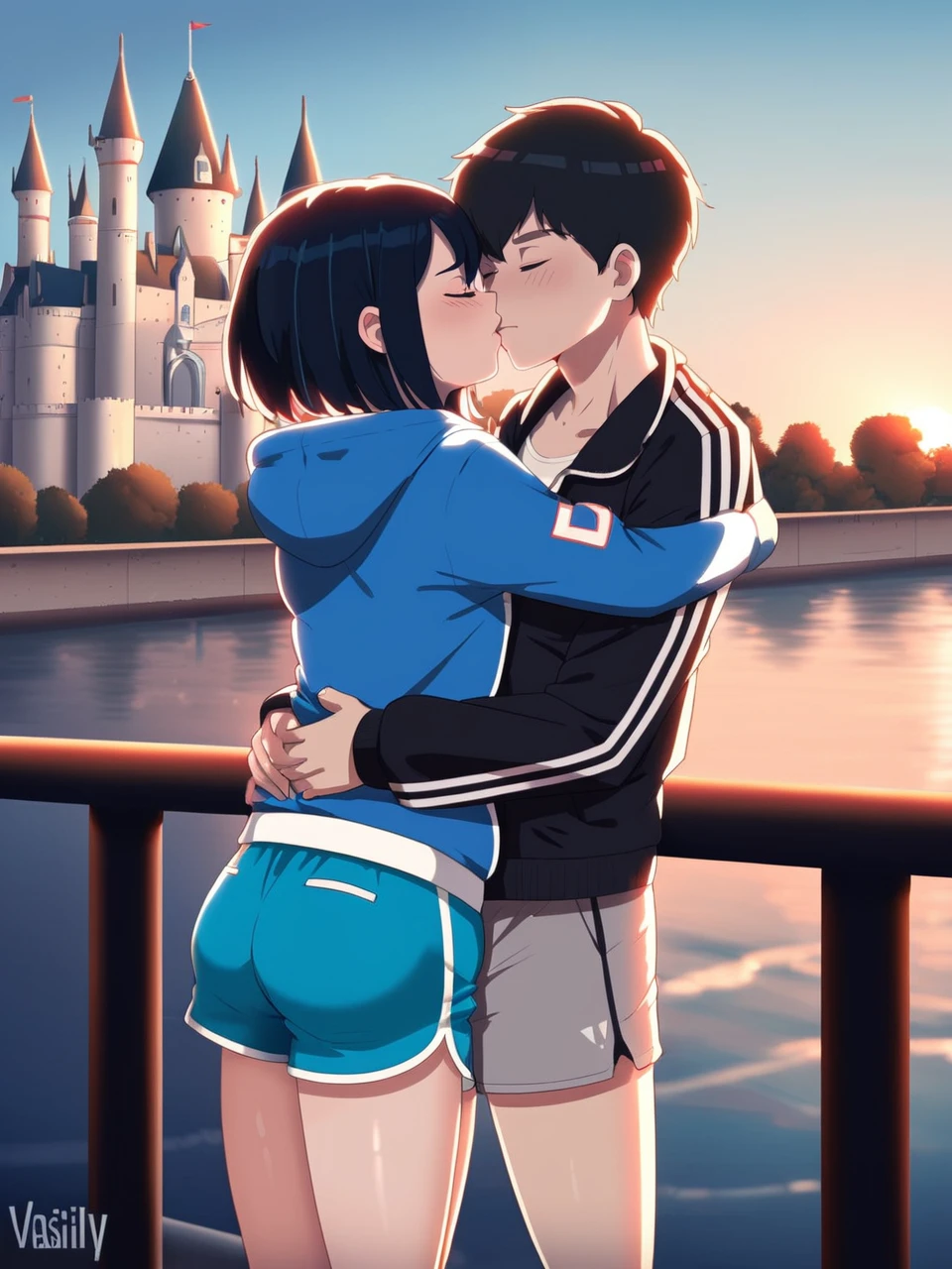 (art by vasiliy kovpak), jacket, dolphin shorts, castle, upright straddle,