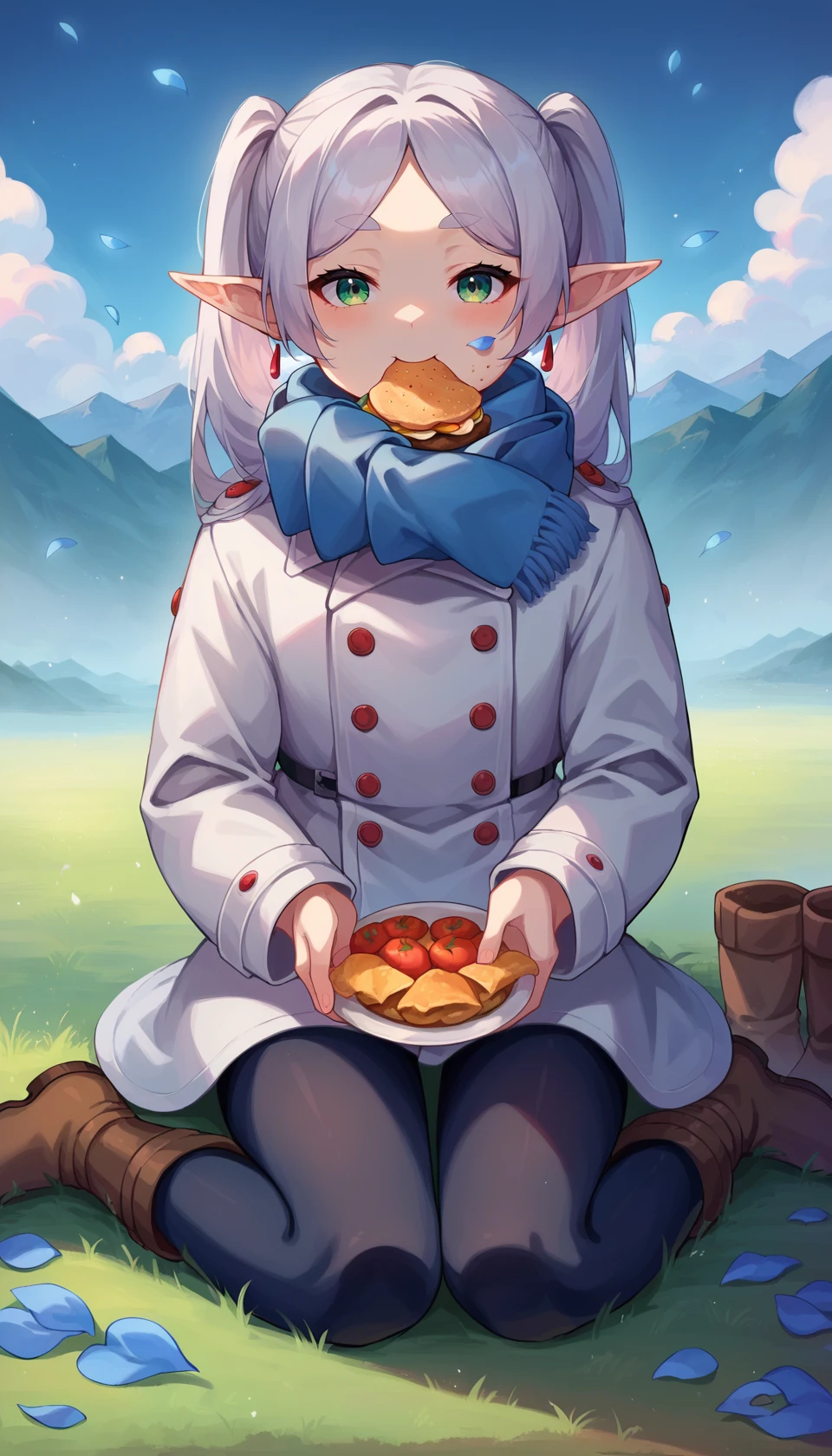 <lora:frieren_nereirfpnxl_pony_v2:1> score_9, score_8_up, score_7_up, score_6_up, score_5_up, score_4_up, source anime,
nereirfpnxl, frieren, 1girl, food, solo, green eyes, sitting, outdoors, coat, pointy ears, scarf, long hair, holding, food, pantyhose, grass, eating, white coat, blue scarf, boots, food on face, looking at viewer, cloud, sky, brown footwear, day, white hair, elf, black pantyhose, long sleeves, buttons, thick eyebrows, ponytail, double-breasted, twintails, mountain, petals, grey hair, winter clothes