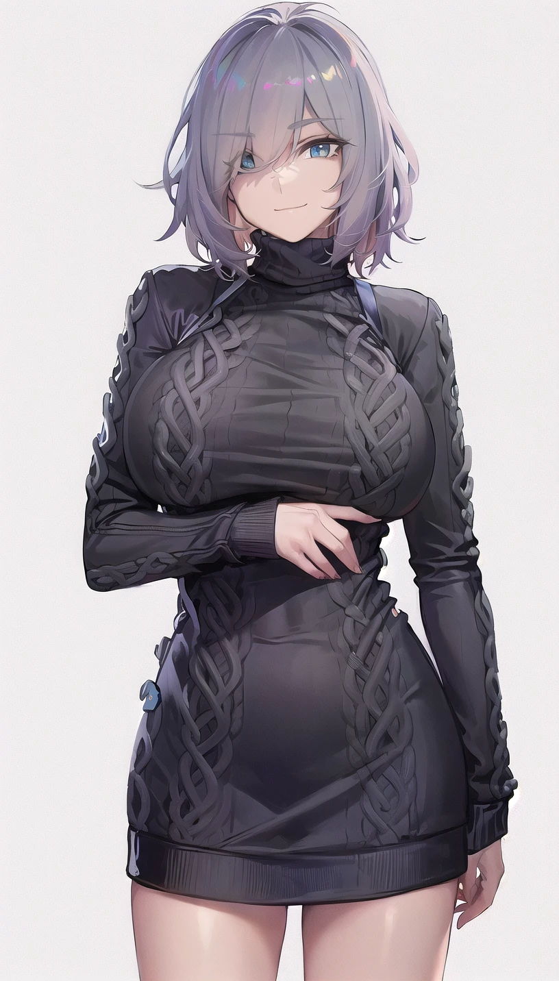 hair over one eye,
(virgin killer sweater:1.28),
smile,closed mouth,
lady,mature female, cowboy shot,
(white background, simple background:1.18),
highres,official art,original,masterpiece,best quality,
(huge breasts),
<lora:Connor:0.81>