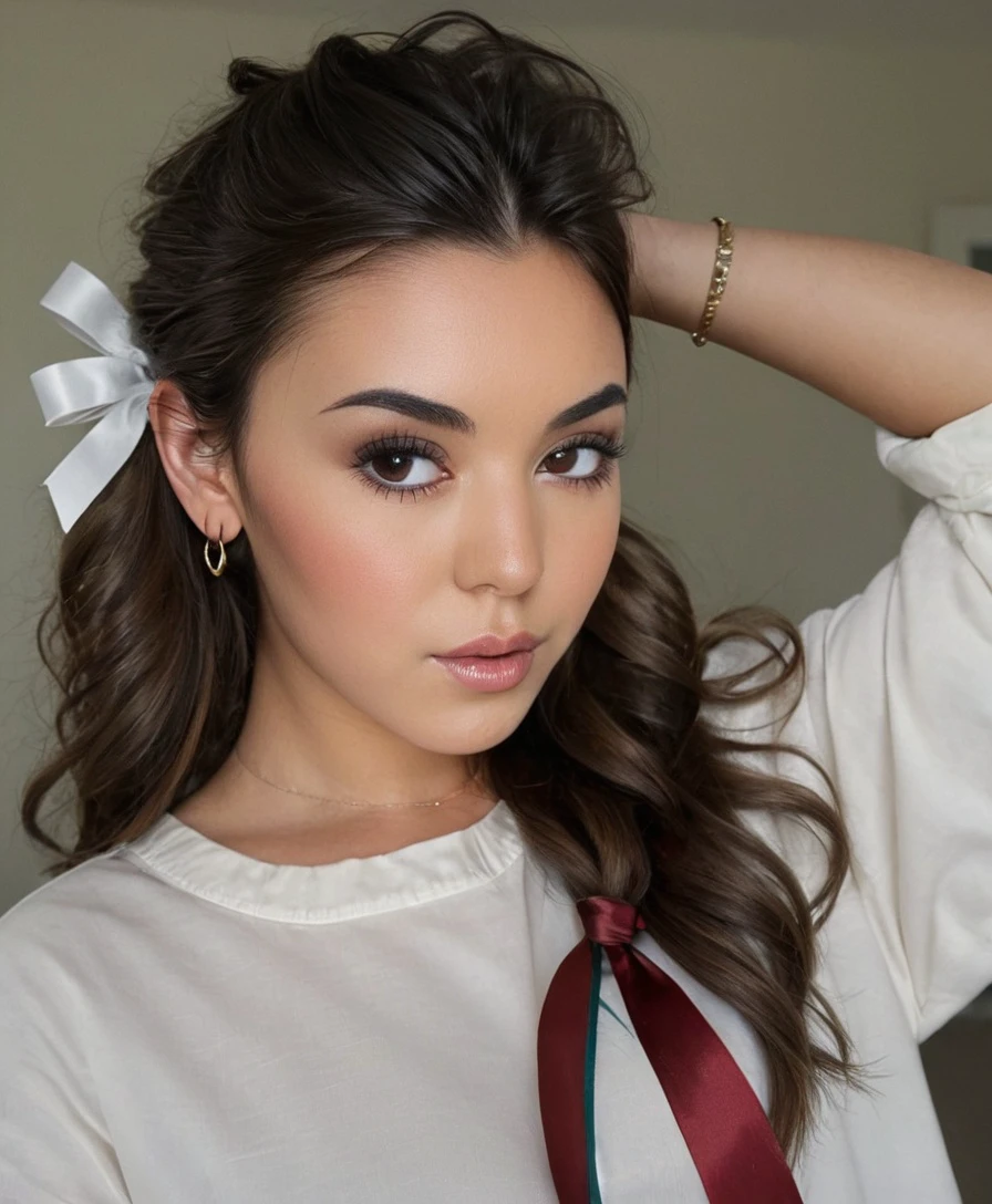 Steph, portrait, eye makeup, wearing shirt, ribbons in hair, long hair