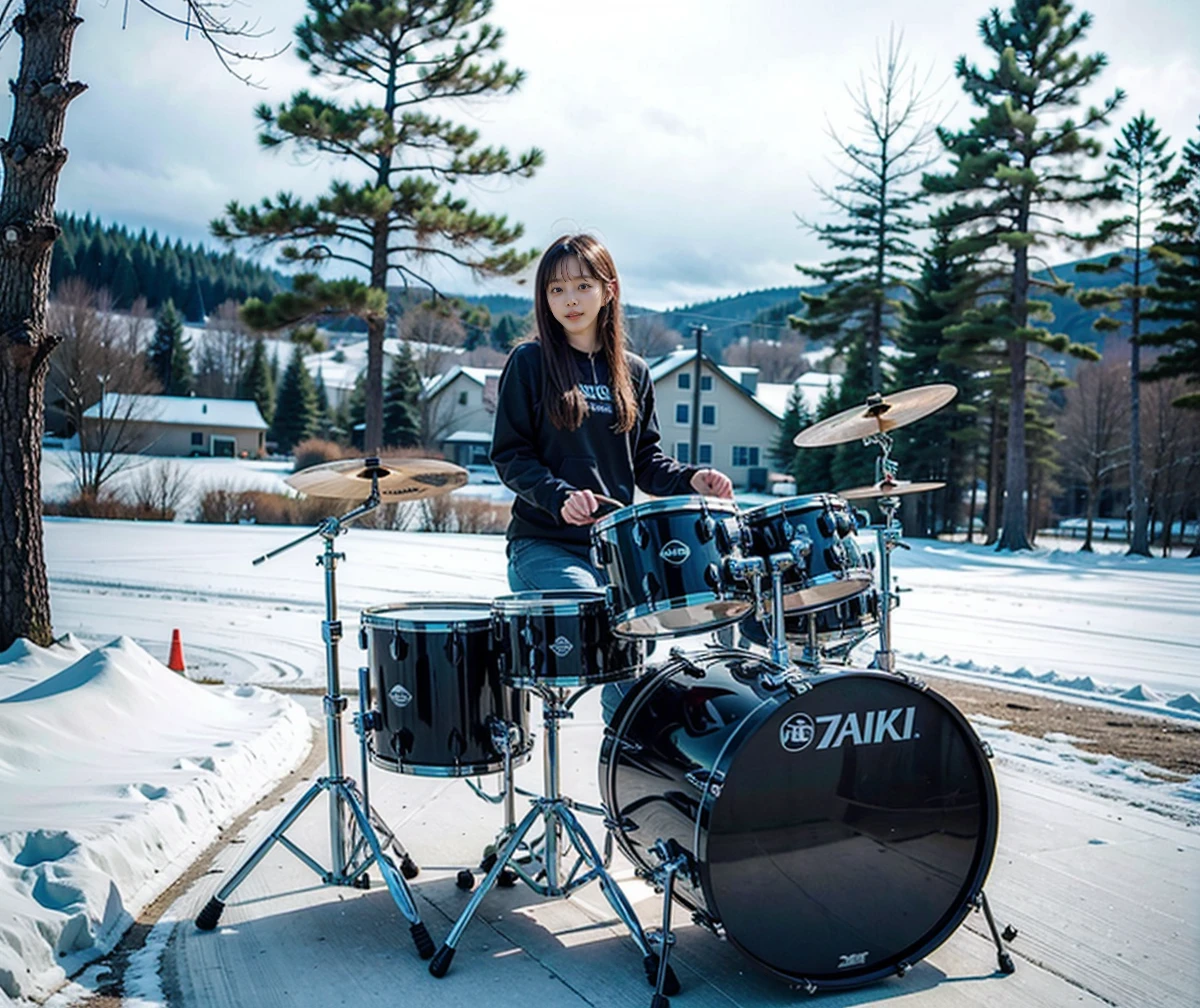 1girl, outdoor, drum, playing drum,  snowing, day, 

masterpiece, best quality, 8k