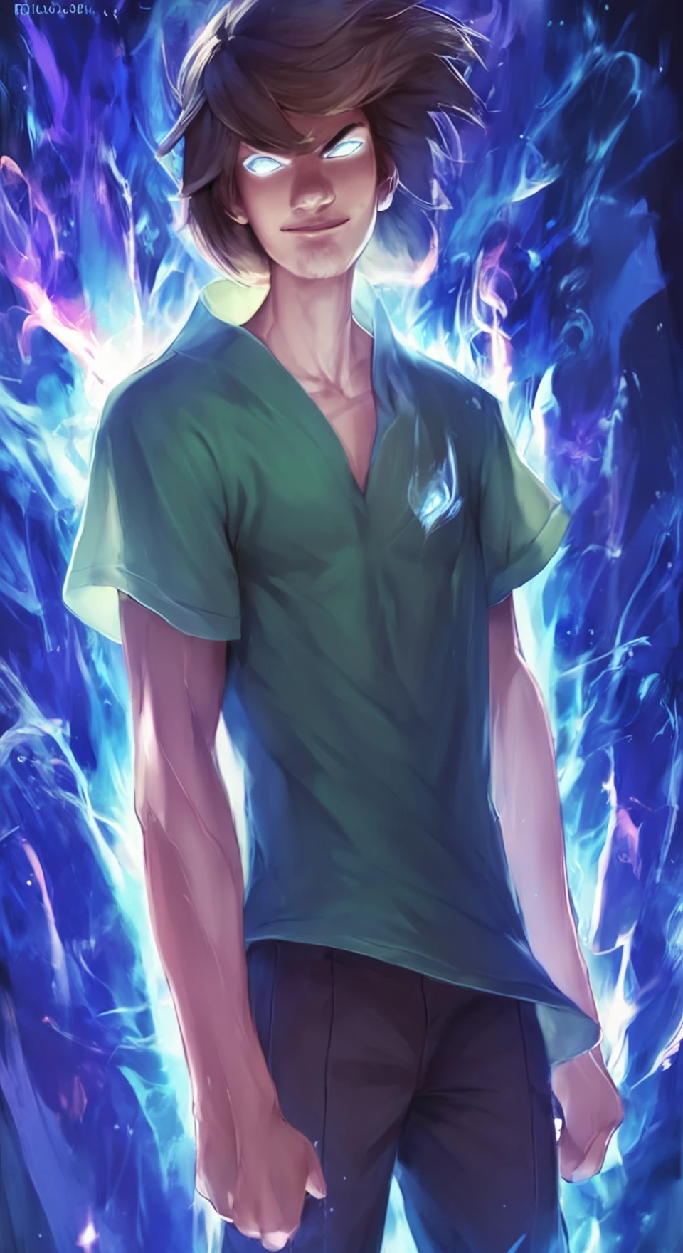 score_9, score_8_up, score_7_up,solo, 1boy, male focus, brown hair, shirt,5% power level,ultra instinct mode,blue flame aura around body, <lora:add-detail-xl:0.8> <lora:Shaggy_Rogers3:1>