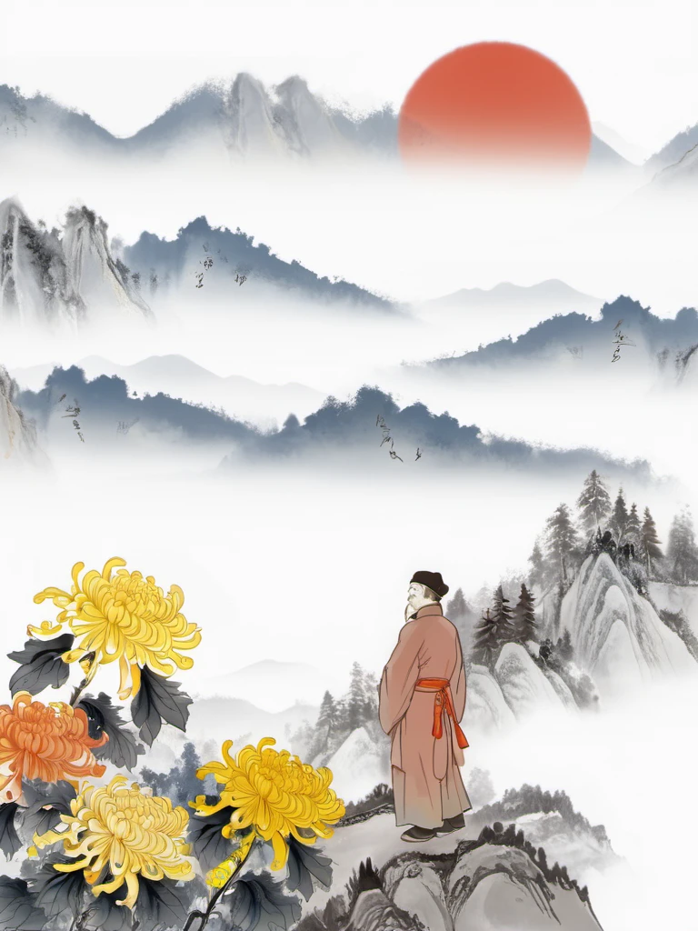 ChongYang Photography, a poet standing on mountain top, looking at hills below, red sun, chrysanthemums, best quality, high quality, masterpiece, 8K UHD, highly detailed, ultra detailed <lora:ChongYang_v1.0:0.8>