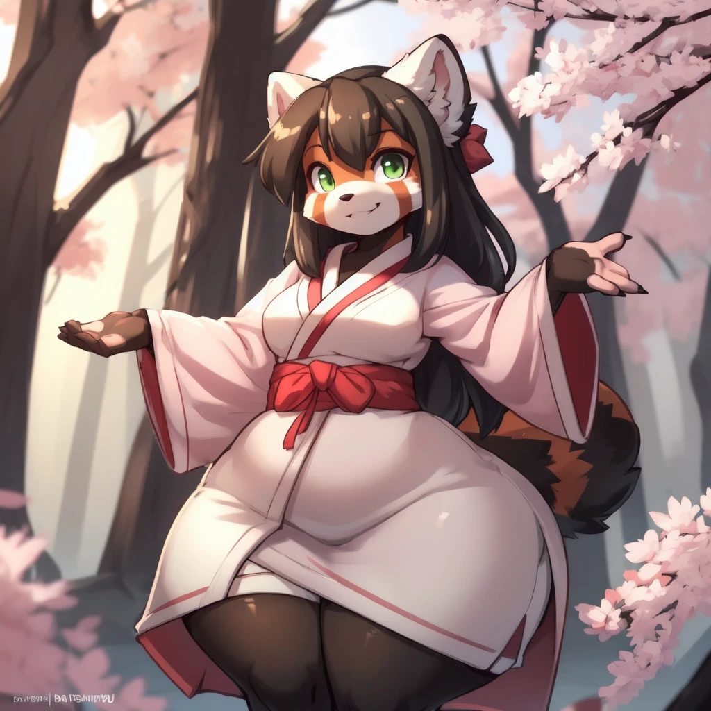 cat girl,hair ornament,glasses,brown short hair,smile,blush,sex suggestive face,looking at viewer,pink kimono,neck fur,sakura garden background,sakura petal in the air,in the middle of crowd,fall on viewer,approach to viewer