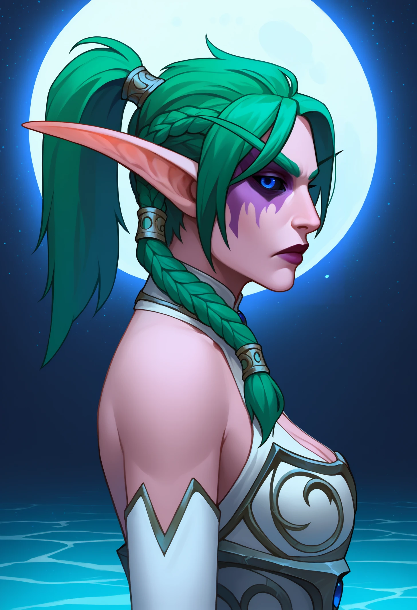 score_9, score_8_up, score_7_up, BREAK 1girl, solo, TyrN, colored skin, facial mark, pointy ears, elf, green hair, short hair, ponytail, twin braids, braided hair, blue eyes, black sclera, medium breasts, purple lips, TNArm, halterneck, cleavage cutout, armored dress, detached sleeves, feathers, <lora:TyrandePDXL_V1-Manityro-adamw:1.0>, outdoors, water, starry sky, night sky, dark moon, eclipse, looking at viewer, profile, portrait, serious, looking down