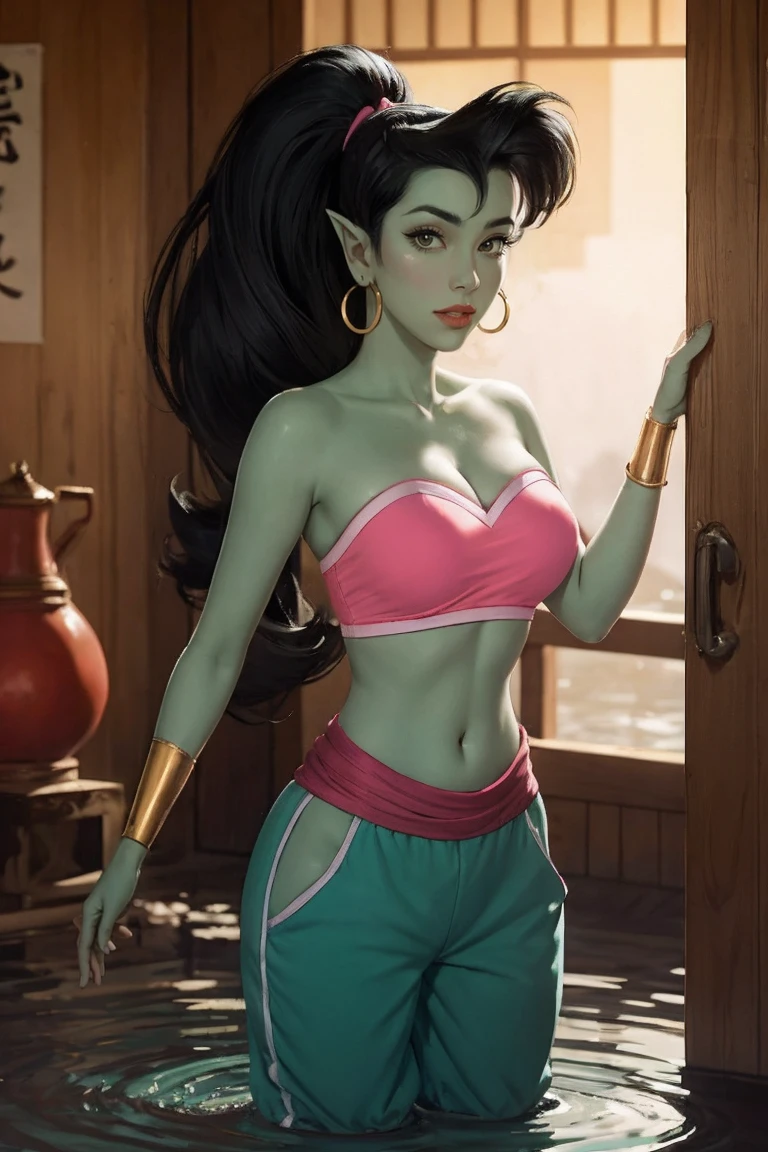 wading,looking at viewer,solo,water, sunset, onsen, wisteria,moody lighting, BREAK, 1girl, solo,
CARTOON_eden_genie_aladdintv_ownwaifu, www.ownwaifu.com,
((green skin)), colored skin, black hair, pointy ears, long hair, ponytail, hoop earrings, breasts, makeup, lipstick, red lips, big hair, very long hair, medium breasts, large breasts, narrow waist, curvy, tall female, high ponytail, hairband, bracelet,
jewelry, earrings, strapless, midriff, navel, bare shoulders, tube top, bandeau, cleavage, baggy pants, see-through, see-through pants, harem pants,
<lora:CARTOON_eden_genie_aladdintv_ownwaifu-10:0.8>