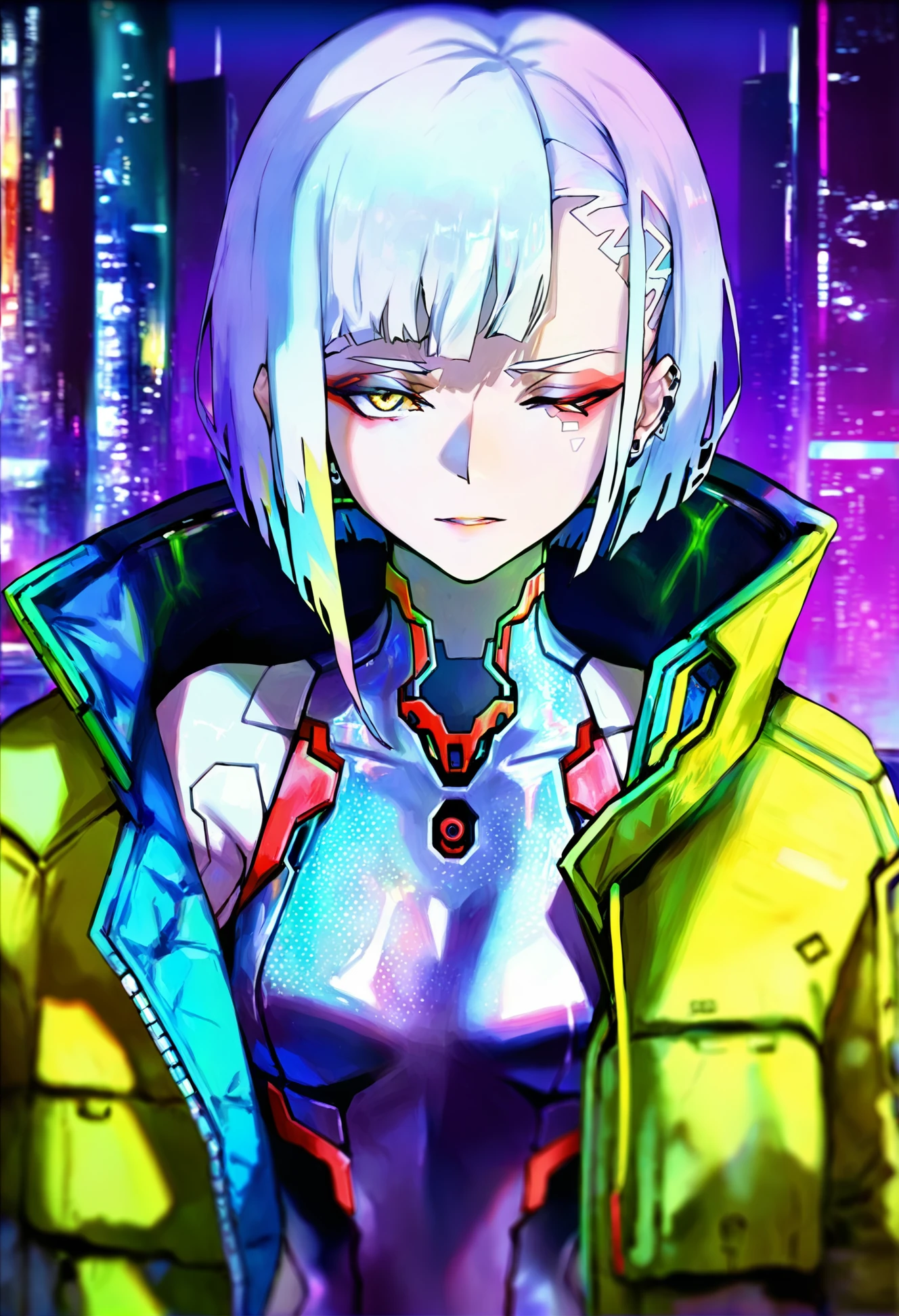 masterpiece, best quality<lora:sd_xl_dpo_lora_v1-128dim:1>lucy \(cyberpunk\), 1girl, solo, bangs, jacket, upper body, short hair, red eyeliner, open clothes, white hair, bodysuit, multicolored hair, parted lips, cyberpunk, yellow jacket, parted bangs, open jacket, city, breasts, makeup
 <lora:rsefXLlokr4f-000143:1>