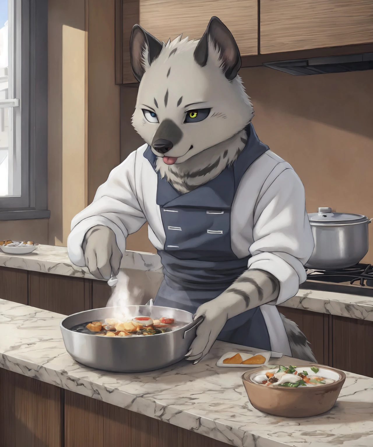 lant3veldt, chef, chef uniform, cooking, looking down, solo,male,tongue, blep, anthro,heterochromia, full body, feet, paws, claws, white sclera,grey-blue eye, black sclera, yellow eye, grey cloak, sharp eyes,detailed fur,canine teeth, striped hyena, insanely detailed, indoors, kitchen, pots and pans, utensil,spatula, bowl, detailed background,4k, hi res, ultradetailed,cinematic lighting,natural light, digital media (artwork),(rembrandt:1.1025), by sefeiren,by braeburned, by zackary911, by personalami, by letodoesart, by zyria, by drakawa, <lora:lant3veldt_YMv2:0.8>, by blotch, by chung0 0, by lunalei