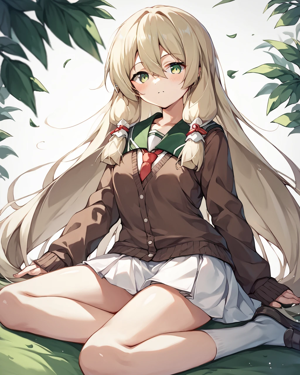 score_9, score_8_up, score_7_up, score_6_up, score_5_up, score_4_up, BREAK source_anime,
<lora:Kokudo_Aya_PONY:1>,1girl, solo,green eyes,blond hair,very long hair,sidelocks,hair tubes,hair between eyes,school uniform,white shirt, white skirt, white socks, red necktie, brown cardigan,serafuku,
