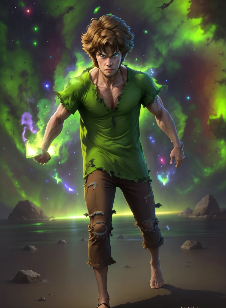 solo, 1boy, male focus, brown hair, shirt,100% power level,glowing eyes,huge green flame aura,ultra instinct mode, <lora:Shaggy_RogersSD:1>
