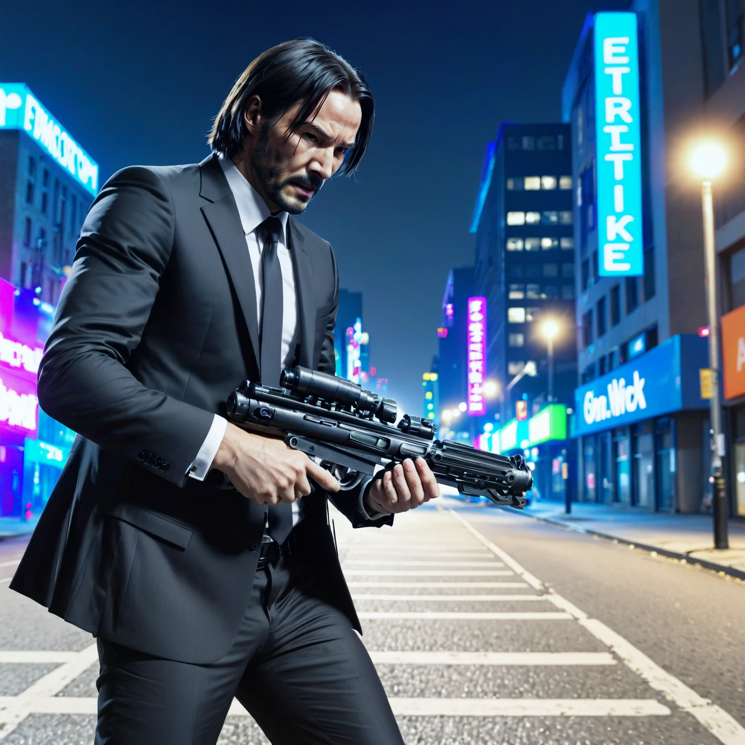 John Wick aiming a rifle on a city street, e11blstr, park, black suit,