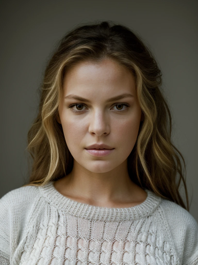 A beautiful k4th3r1n3h woman, 1girl,solo,long hair,looking at viewer,blonde hair,simple background,brown eyes,parted lips,grey background,sweater,lips,portrait,realistic,soft lighting, professional Photography, Photorealistic, detailed, RAW, analog, sharp focus, 8k, HD, high quality, masterpiece<lora:k4th3r1n3h:1.0>