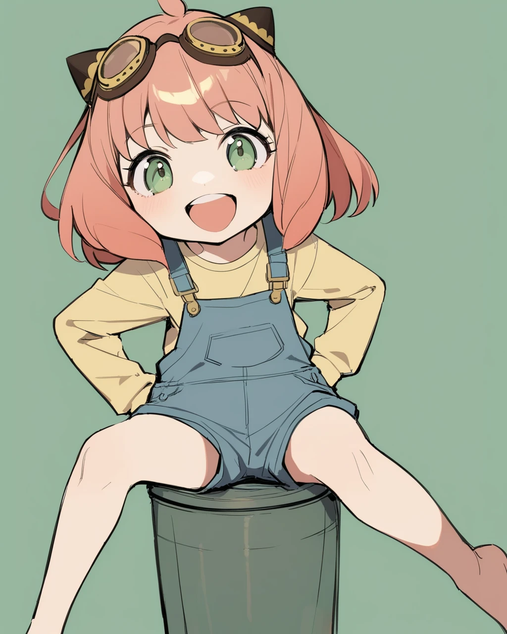 masterpiece,best quality,<lora:anya:1>,blue_overalls, anya_\(spy_x_family\), hands_on_own_hips, yellow_shirt, goggles_on_head, :d, 1girl, upper_teeth_only, full_body, simple_background, solo, legs_apart, peanut, highres, hairpods, green_background, symbol-only_commentary, child